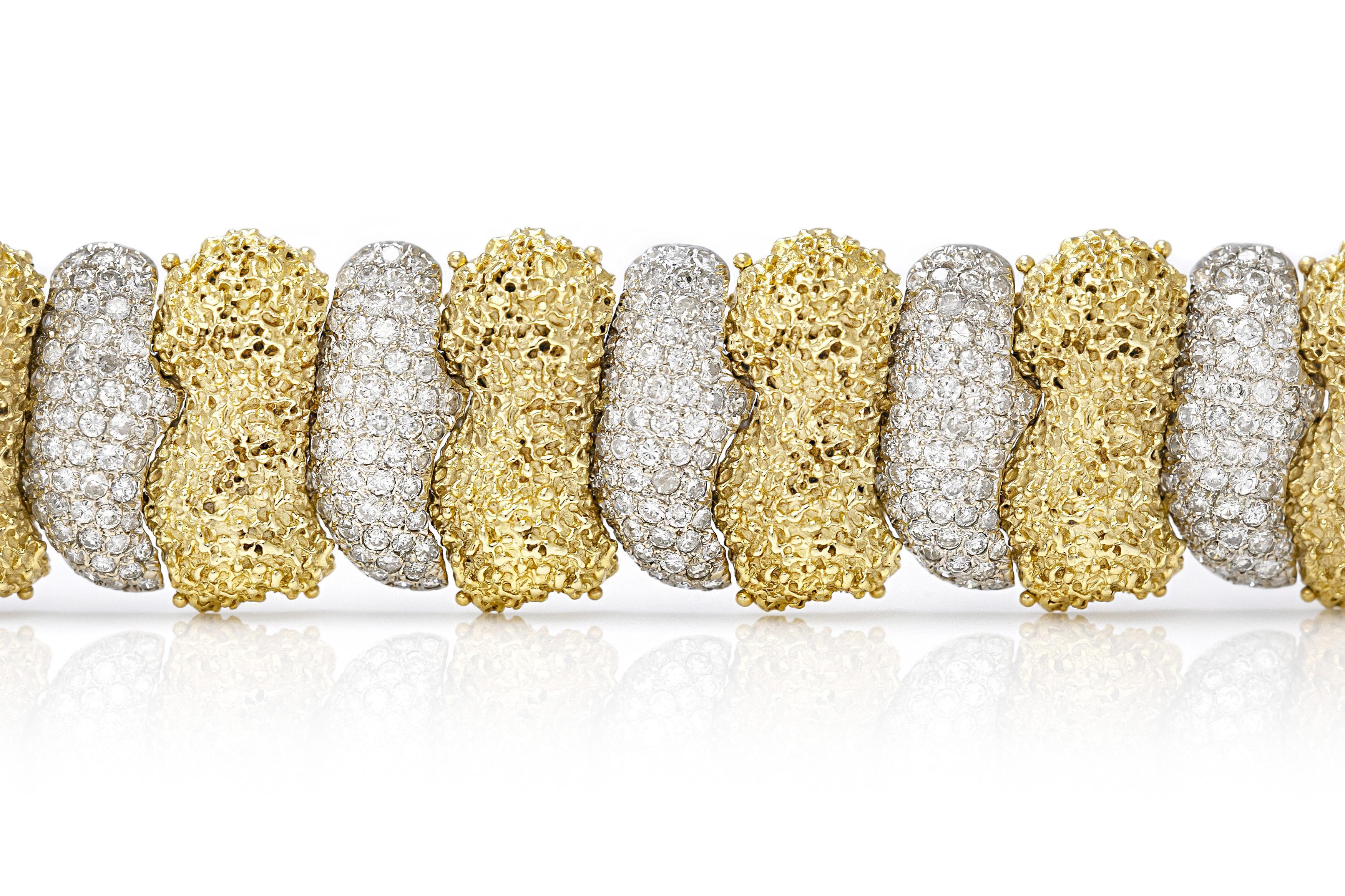 Taille ronde Bracelet à maillons vintage en or et diamants alternés des années 1970 en vente