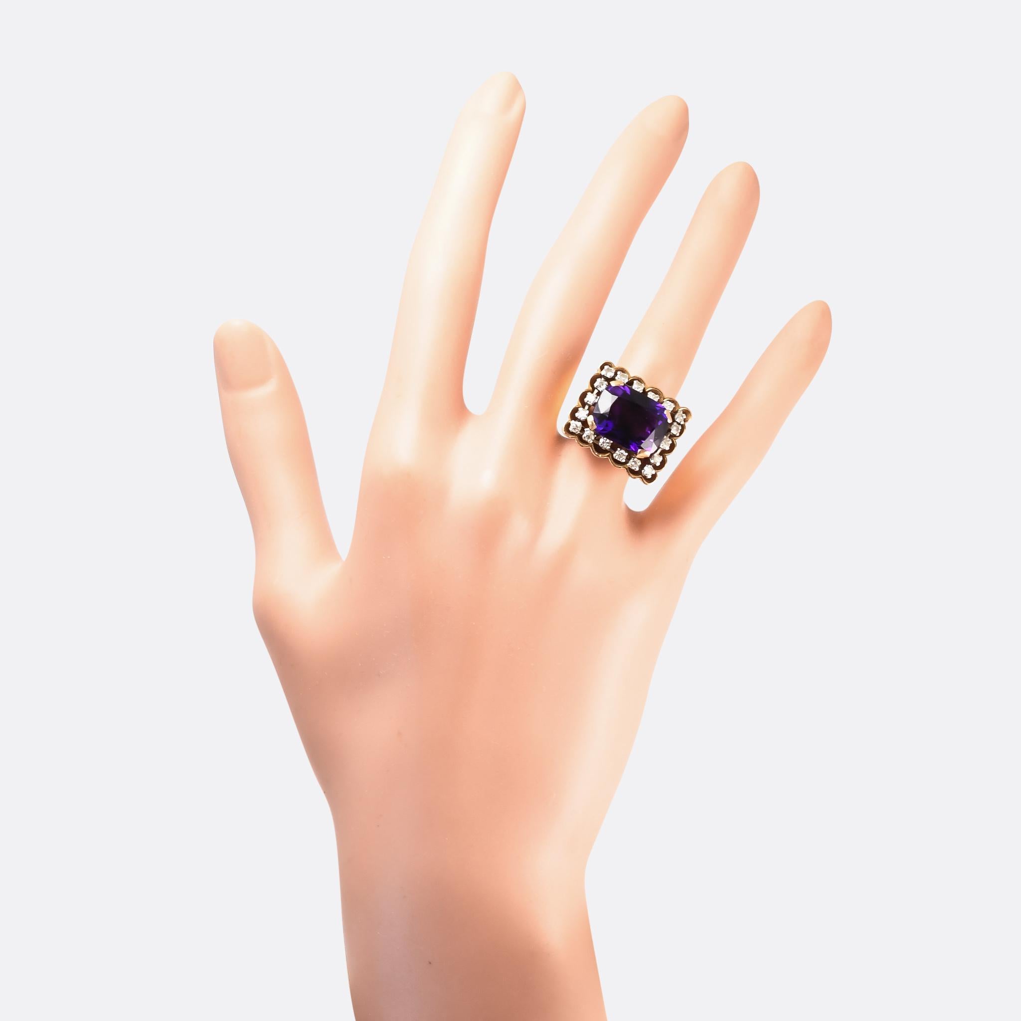 Women's or Men's Vintage 1970s Amethyst Diamond Statement Ring