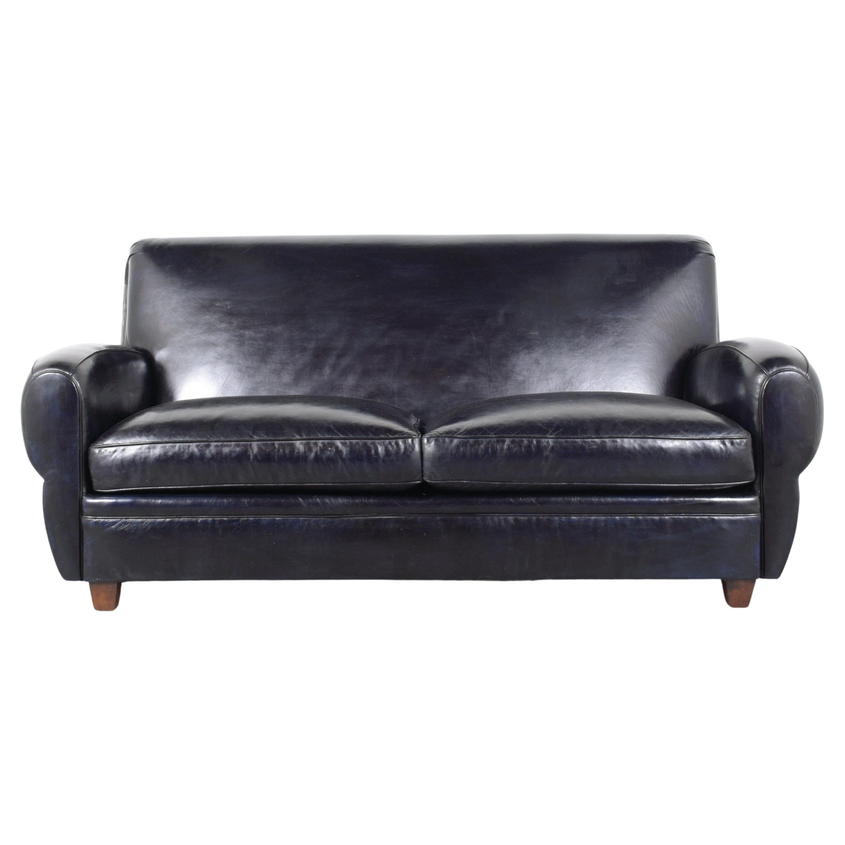Restored VIntage 1970s Art Deco Leather Sofa in Dark Navy Blue For Sale