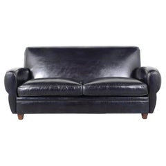 Restored VIntage 1970s Art Deco Leather Sofa in Dark Navy Blue