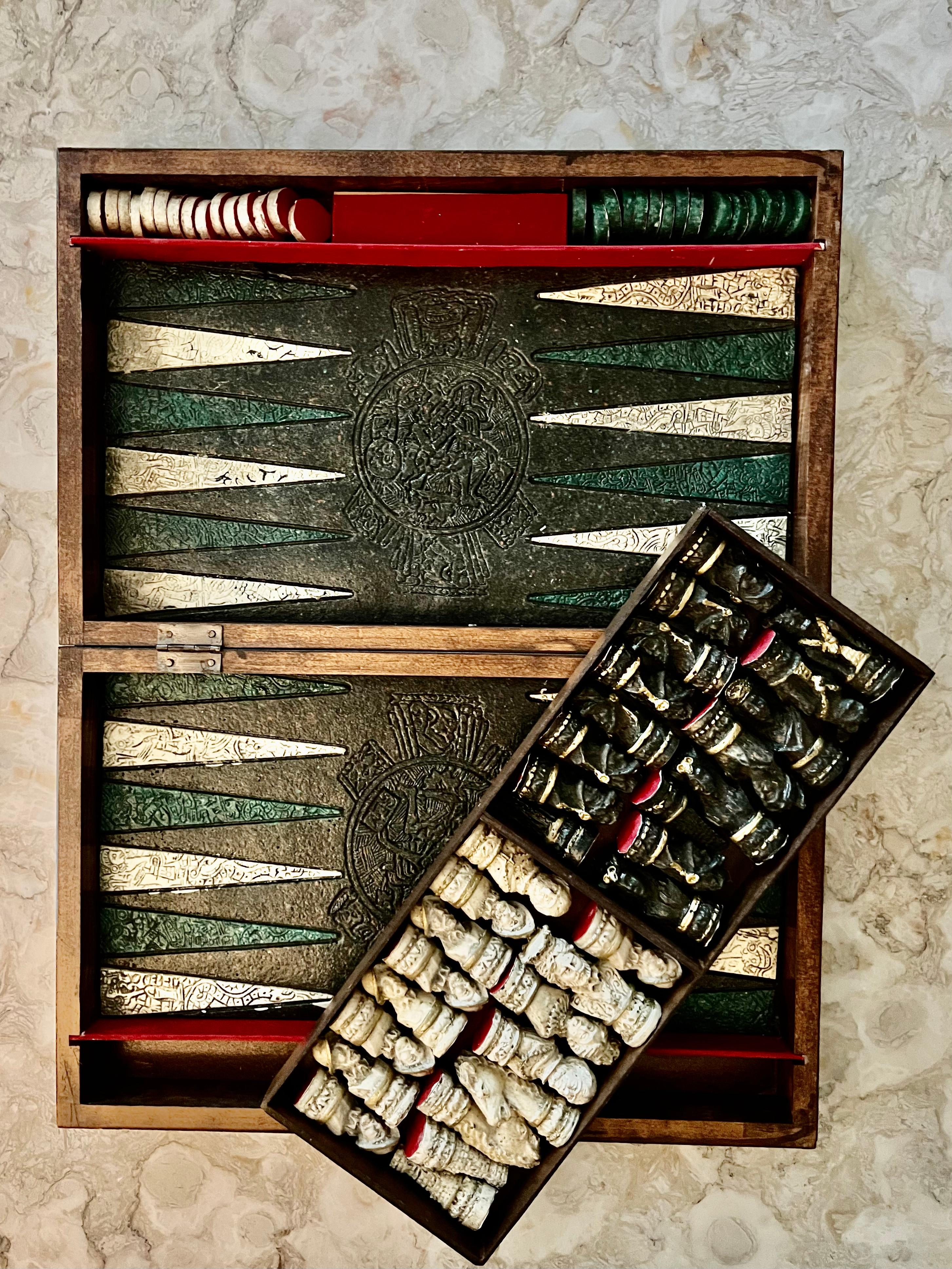 Hand-Painted Vintage 1970's Backgammon and Chess Set For Sale
