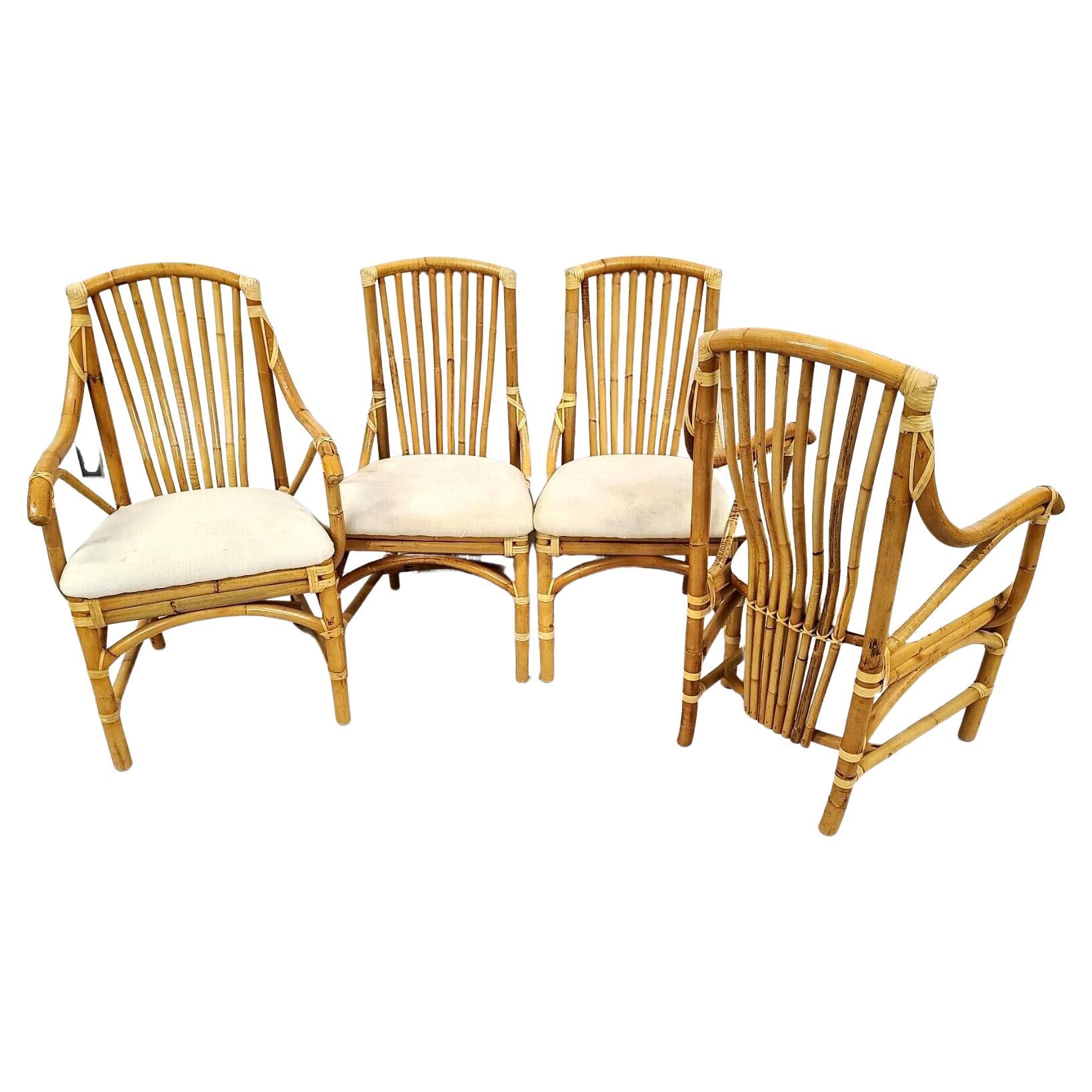 Vintage 1970s Bamboo Rattan Chairs, Set of 4