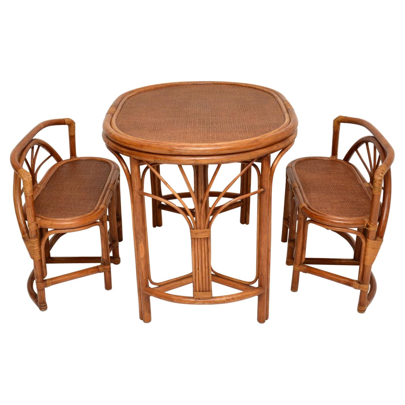 Vintage 1970's Bamboo & Rattan Games Table & Chairs