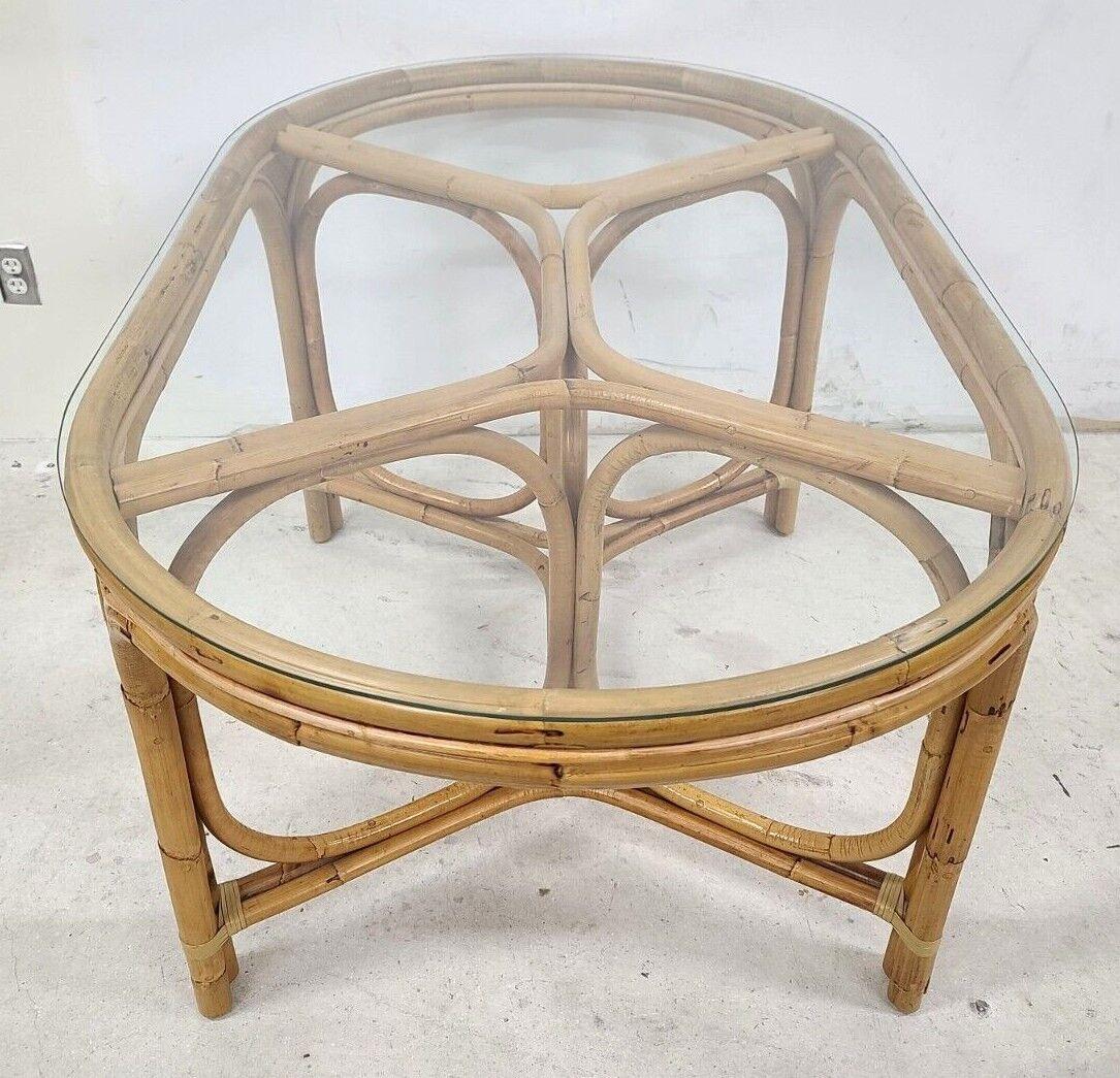 Vintage 1970s Bamboo Rattan Glass Oval Dining Table 3
