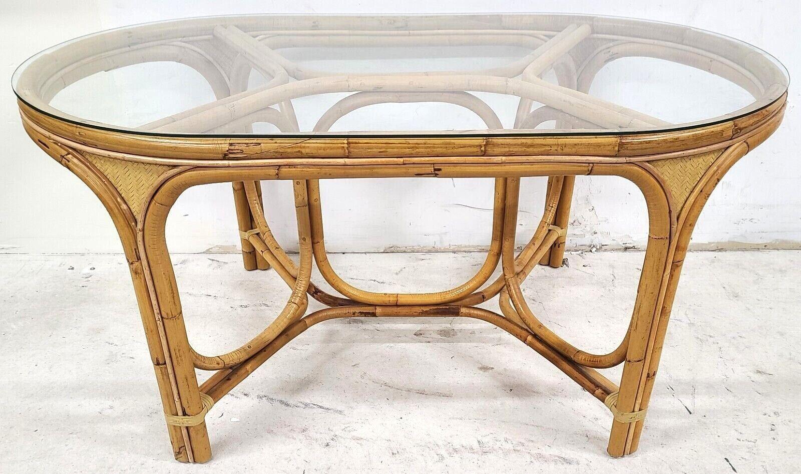 Vintage 1970s Bamboo Rattan Glass Oval Dining Table For Sale 4