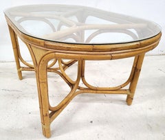Vintage 1970s Bamboo Rattan Glass Oval Dining Table
