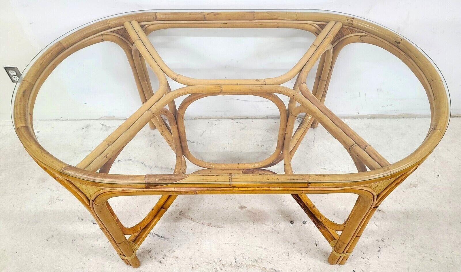 Vintage 1970s Bamboo Rattan Glass Oval Dining Table For Sale 1