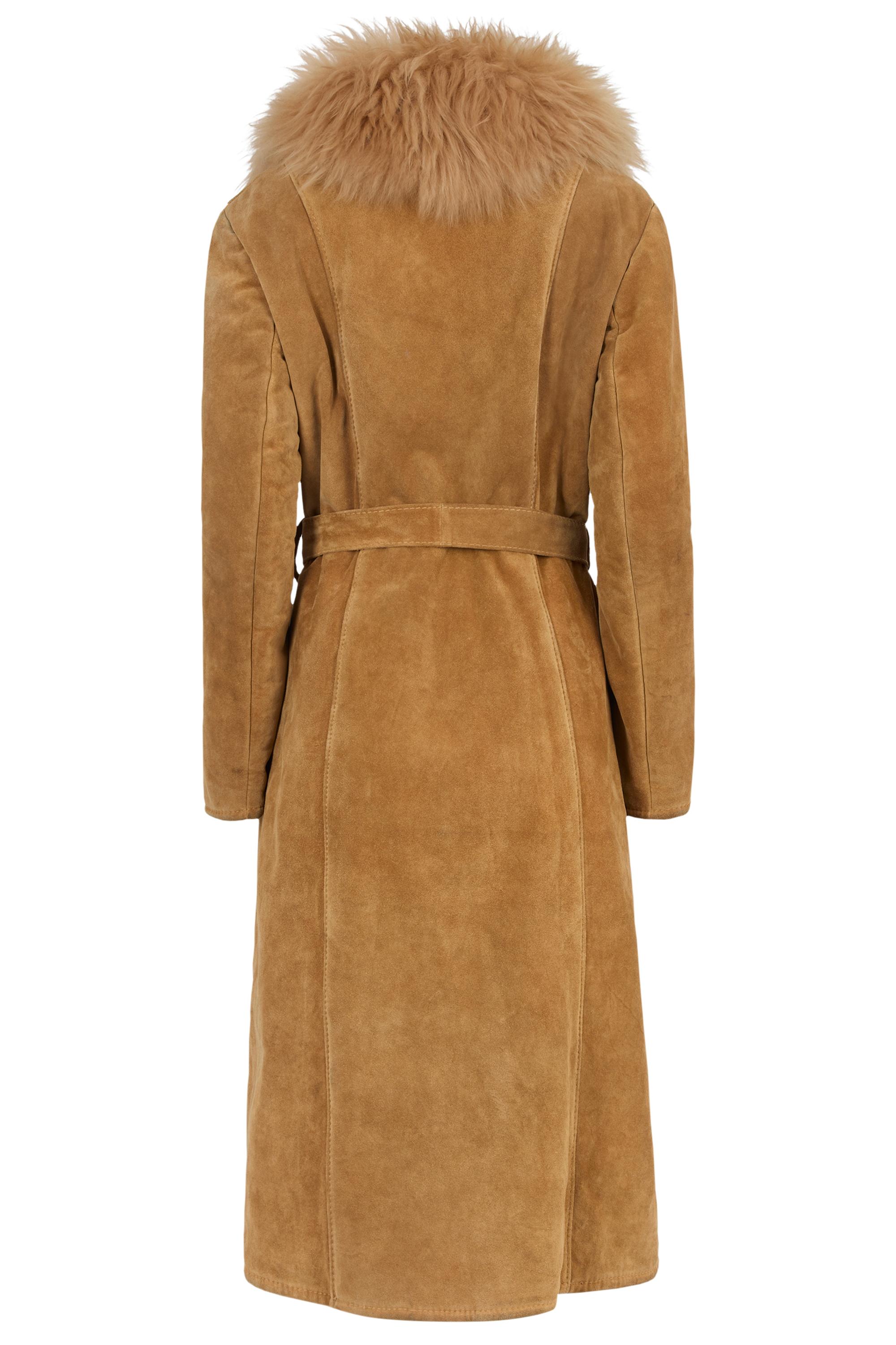 Vintage 1970's Beige Suede Fur Trim Maxi Coat Excellent état - En vente à London, GB