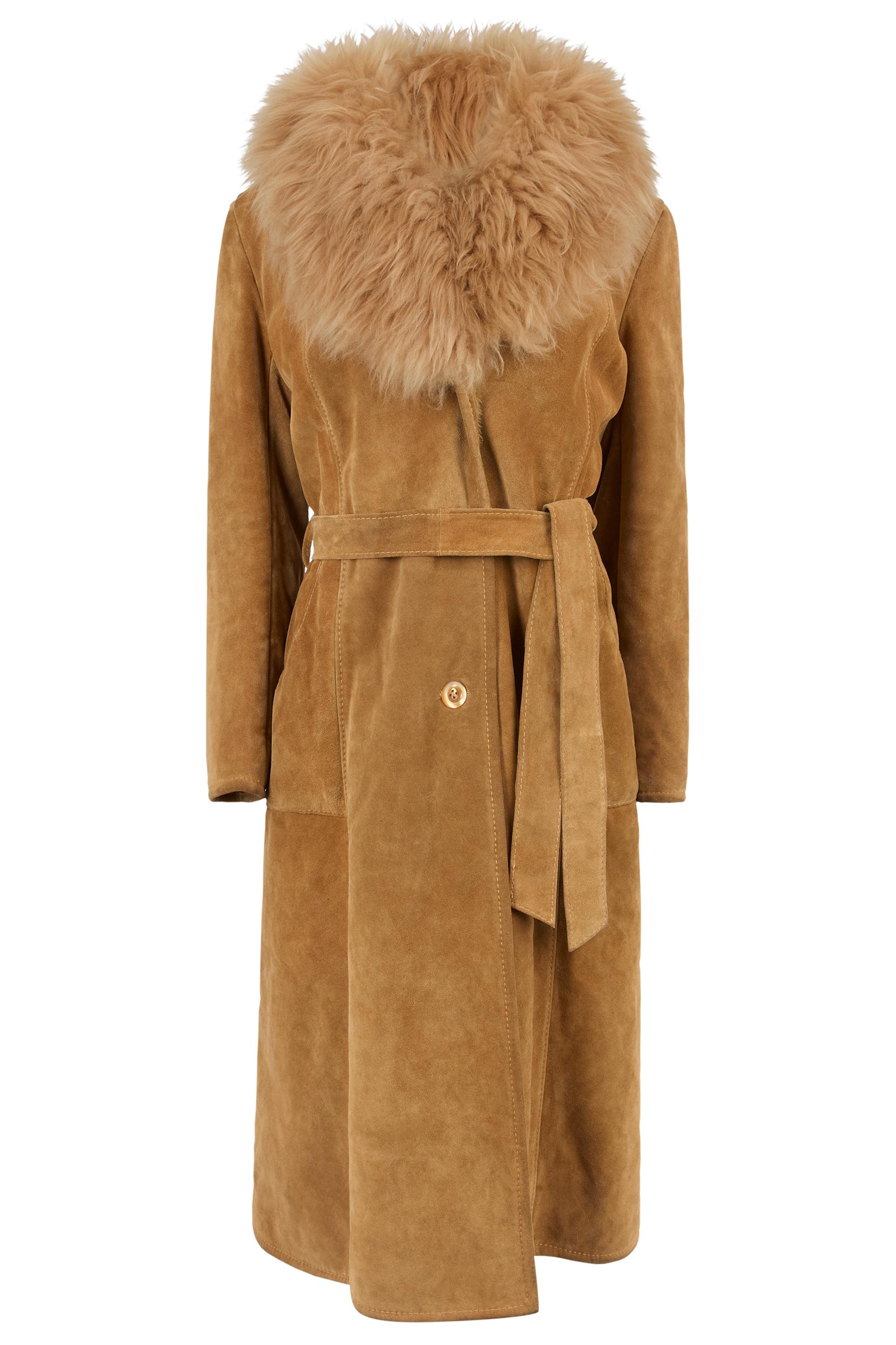 Vintage 1970's Beige Suede Fur Trim Maxi Coat en vente
