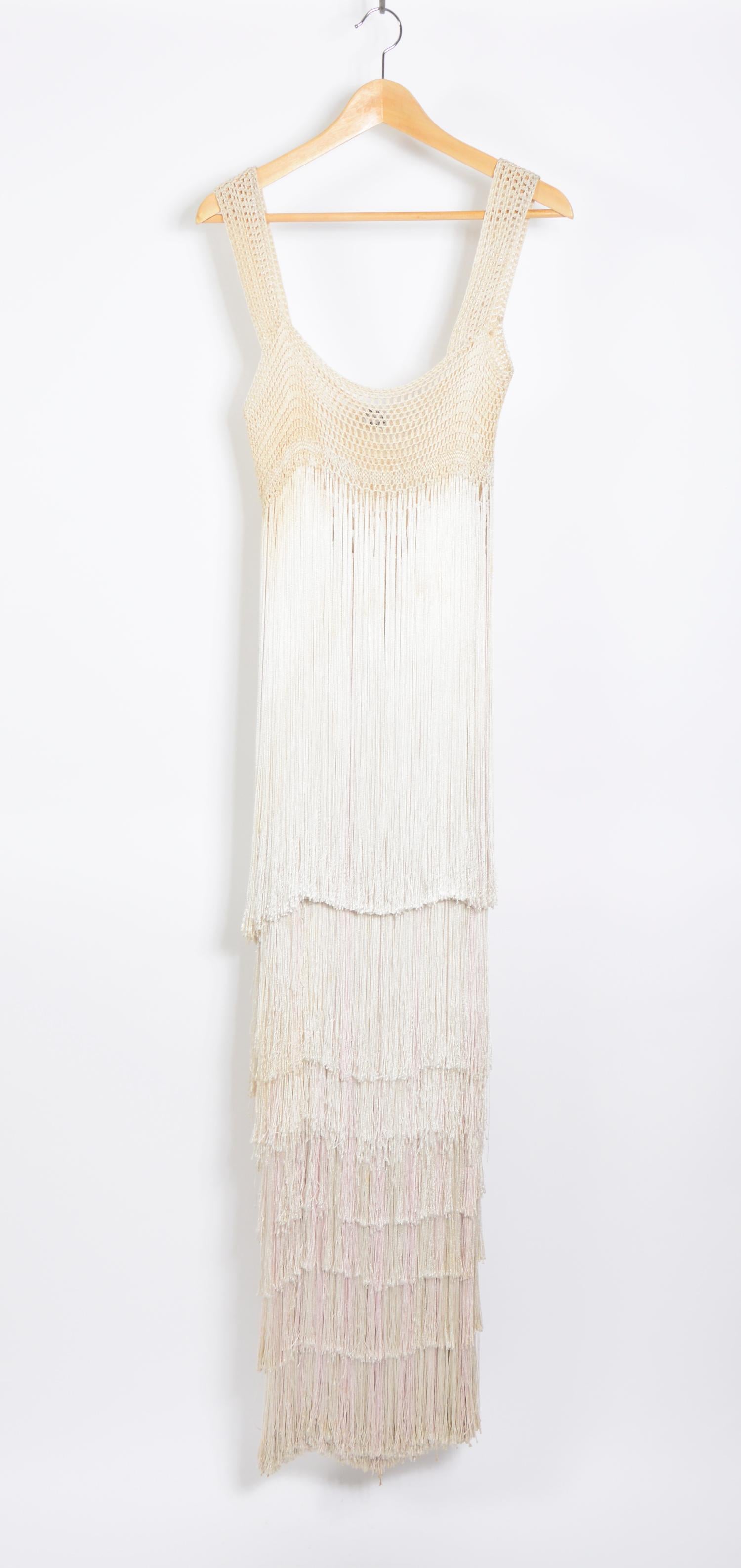 White Vintage 1970s Belgian designer Ann Salens cream pink fringe dress