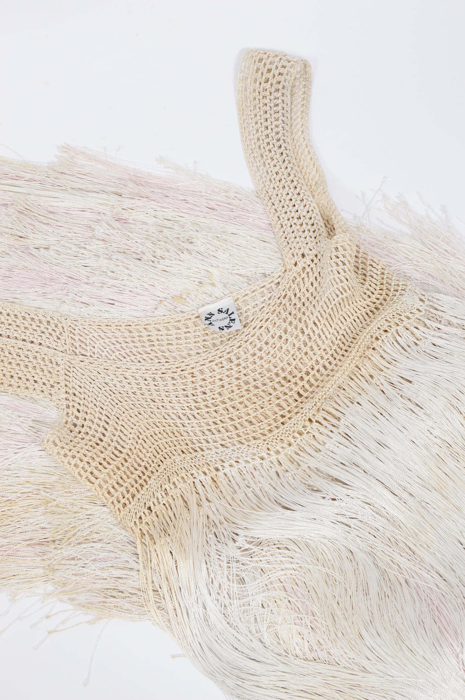 Vintage 1970s Belgian designer Ann Salens cream pink fringe dress In Excellent Condition In Antwerpen, Vlaams Gewest