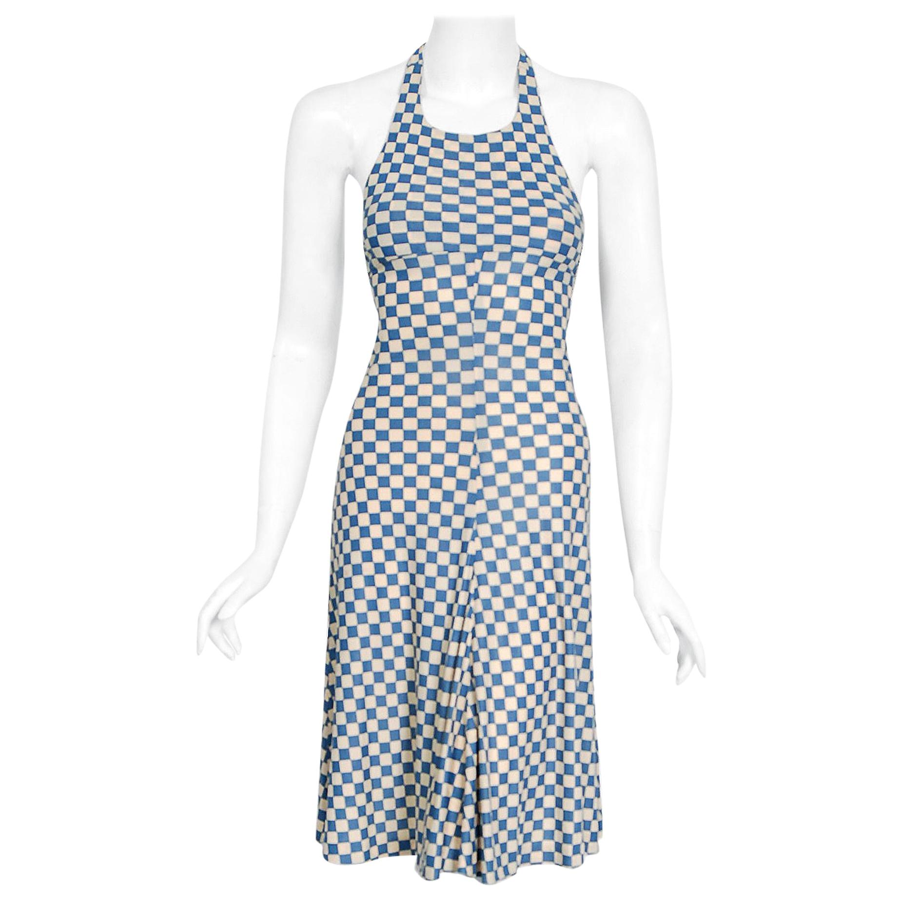 Vintage 1970's Biba London Blue & Ivory Checkered Print Jersey Halter Dress 