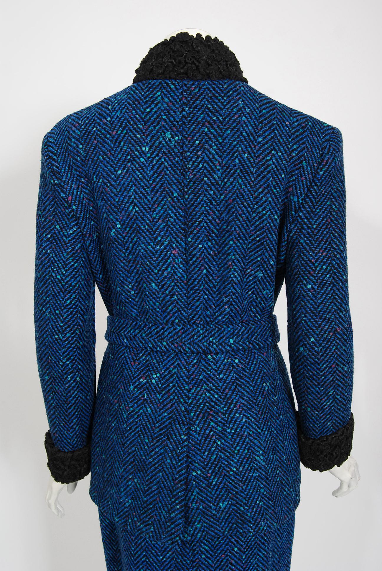 Vintage 1970s Biba of London Blue Chevron Wool & Faux-Fur Belted Jacket w/ Skirt For Sale 6