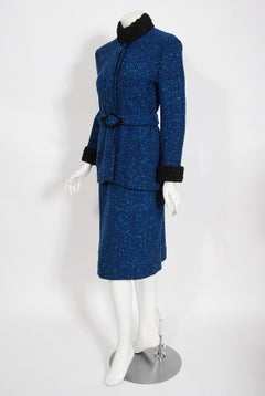 Vintage 1970s Biba of London Blue Chevron Wool & Faux-Fur Belted Jacket w/ Skirt