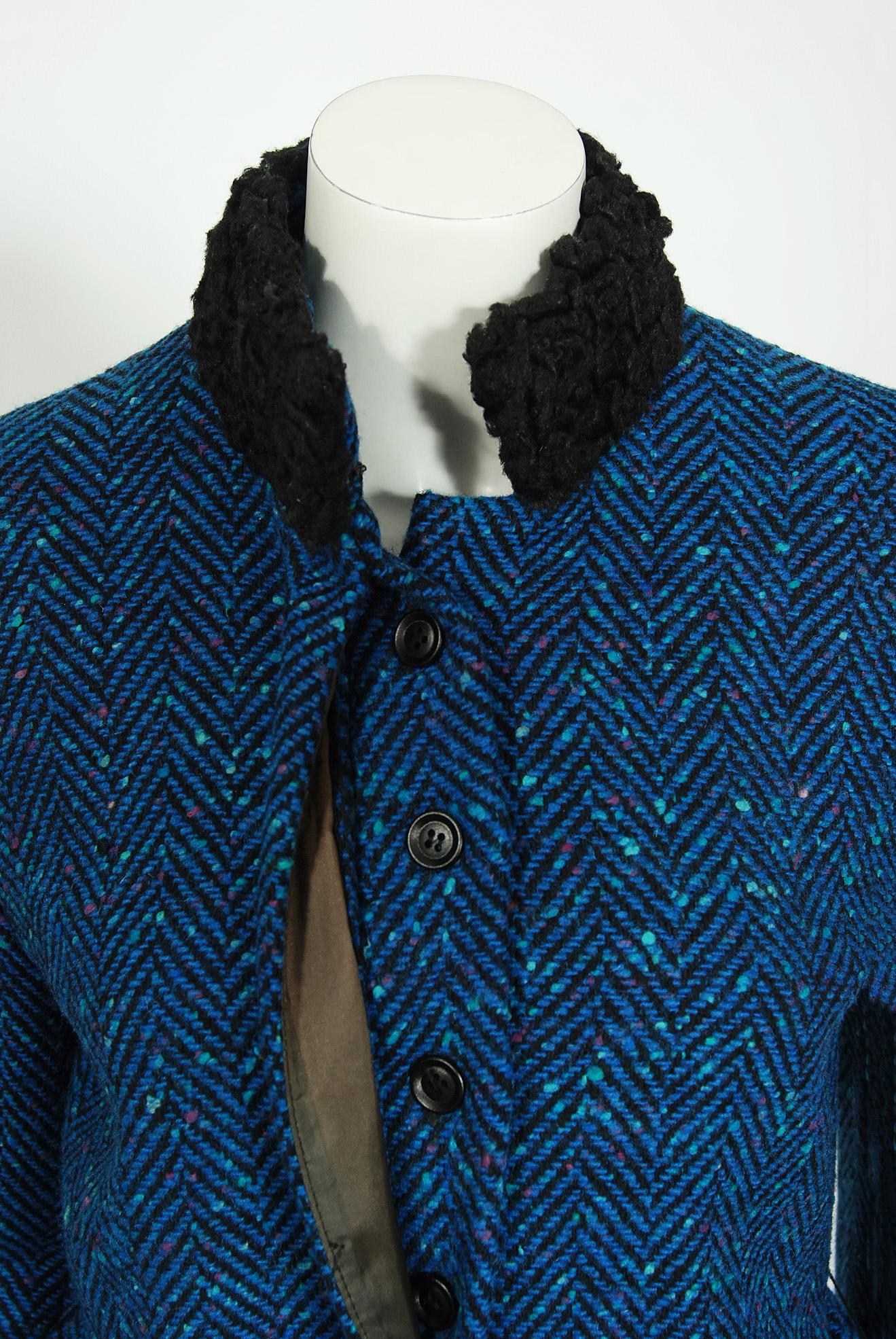 Biba of London Blau Chevron Wolle & Kunstfell Gürtel Jacke w / Rock Vintage 1970er Damen im Angebot