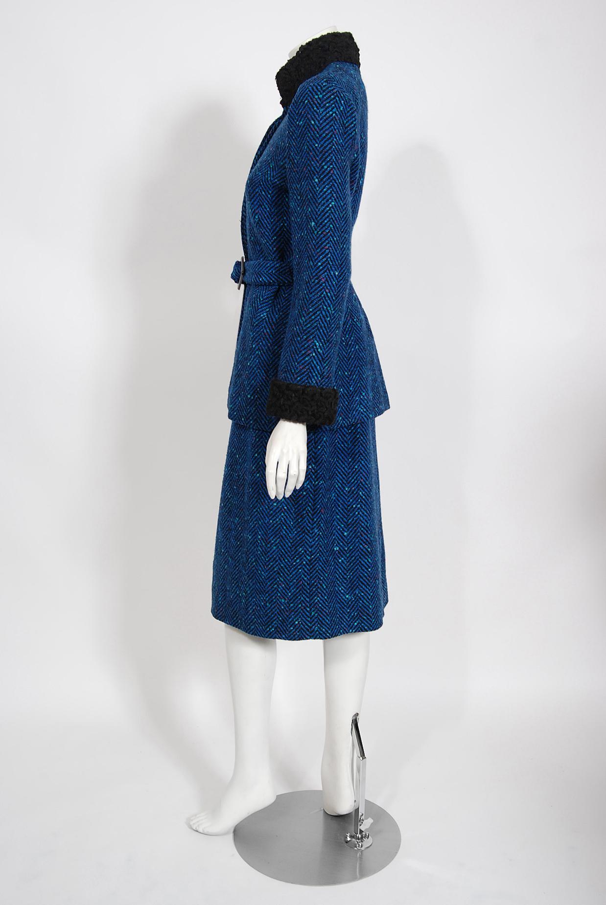 Women's Vintage 1970s Biba of London Blue Chevron Wool & Faux-Fur Belted Jacket w/ Skirt For Sale