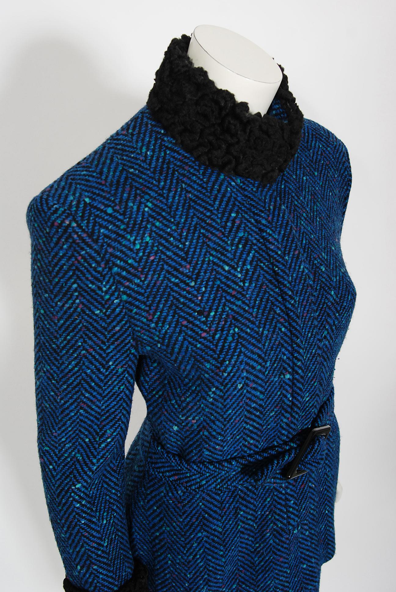 Vintage 1970s Biba of London Blue Chevron Wool & Faux-Fur Belted Jacket w/ Skirt For Sale 2