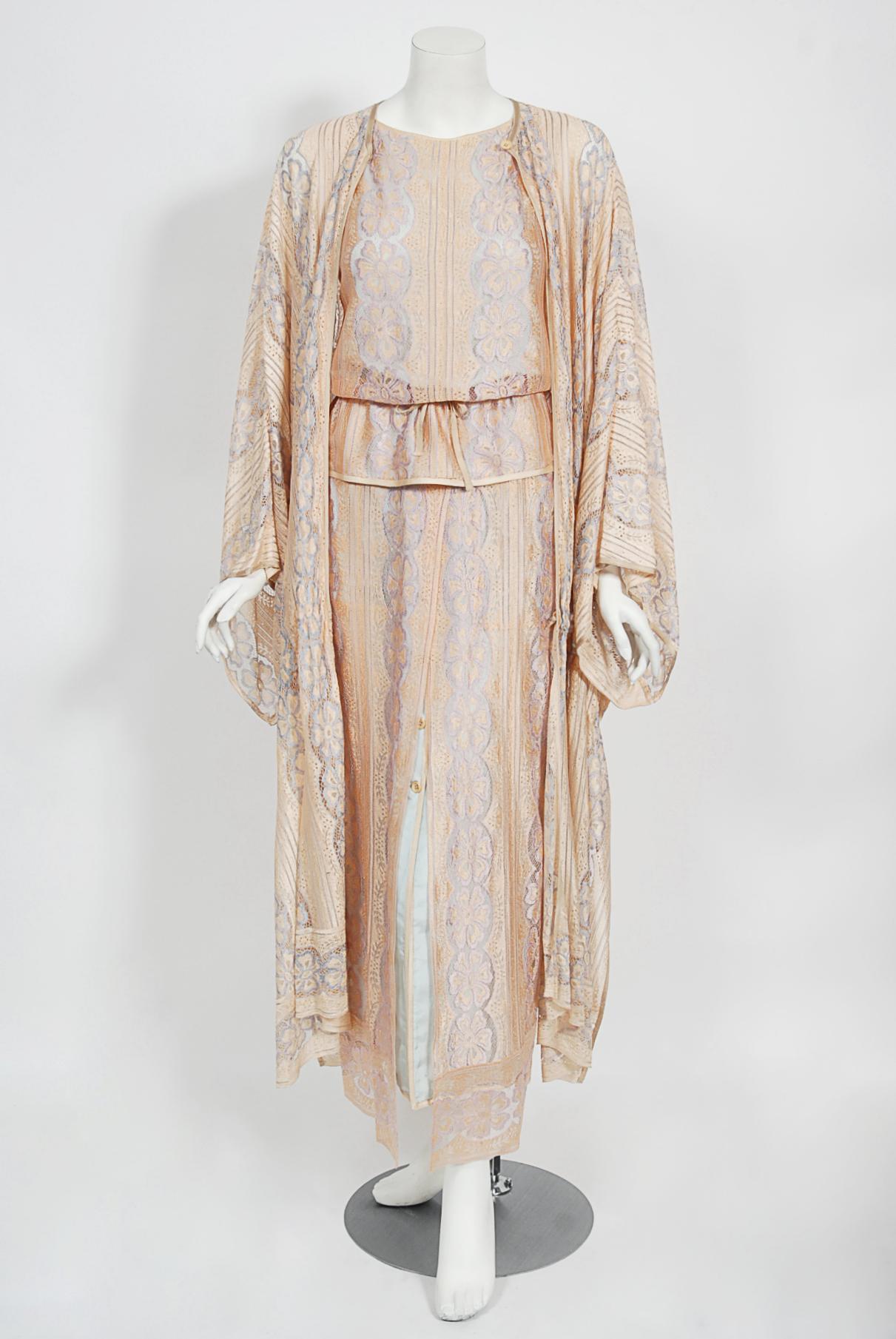 Vintage 1970's Bill Gibb Couture Peach & Lilac Lace Three-Piece Caftan Gown Set  For Sale 6