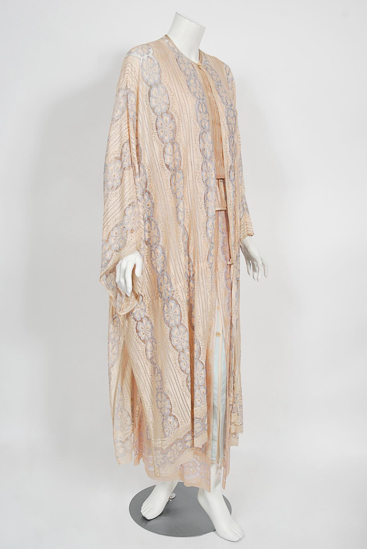 Women's Vintage 1970's Bill Gibb Couture Peach & Lilac Lace Three-Piece Caftan Gown Set  For Sale