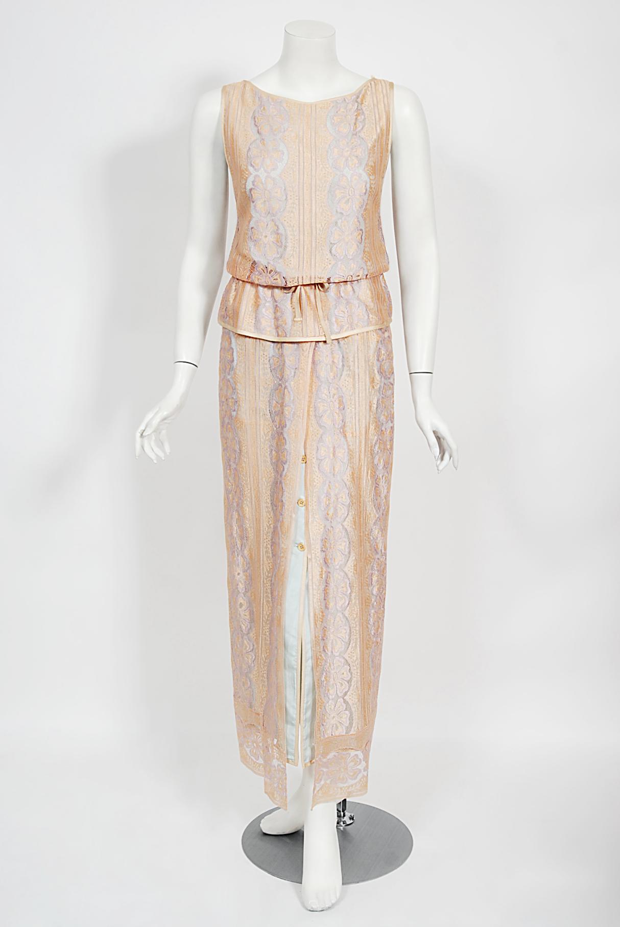 Vintage 1970's Bill Gibb Couture Peach & Lilac Lace Three-Piece Caftan Gown Set  For Sale 2