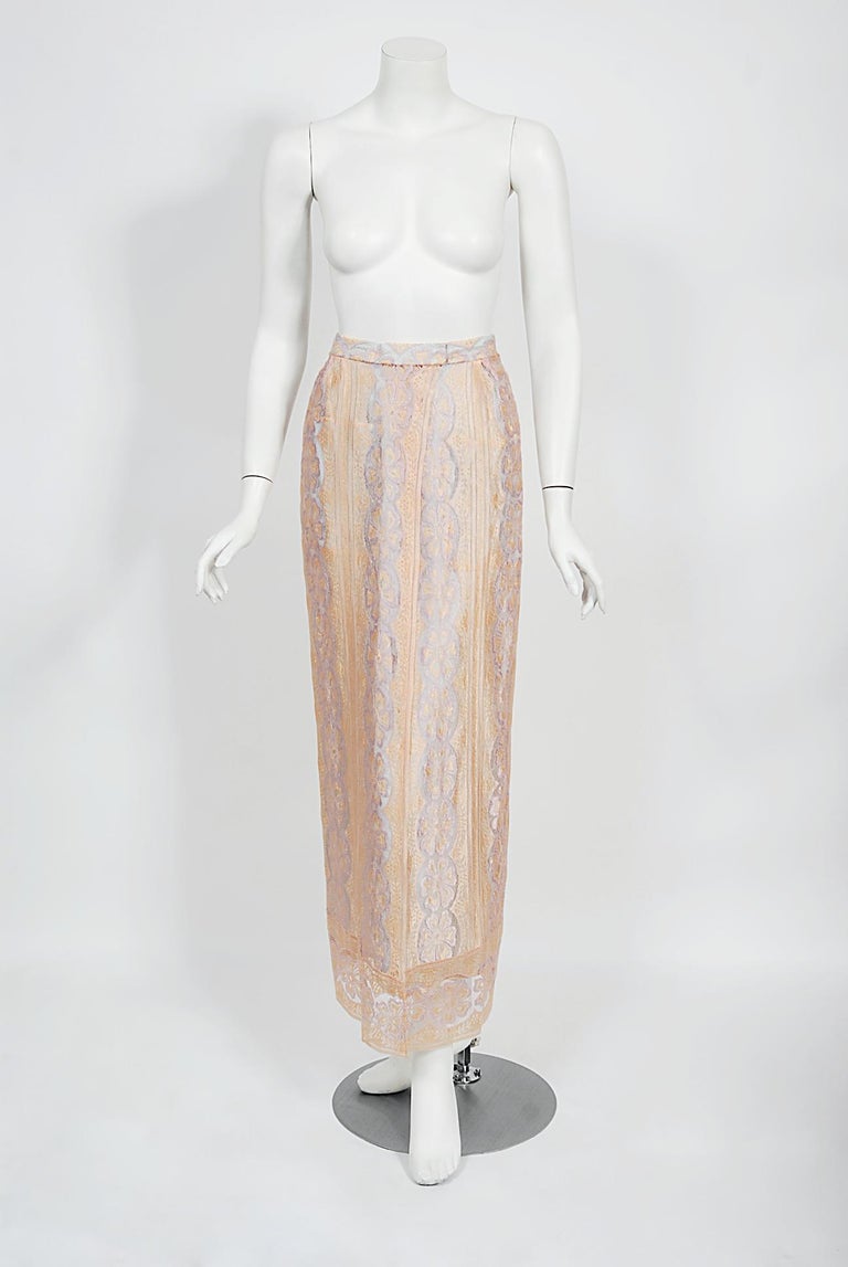 1970s Bill Tice Printed Oversized Floral Tissue Silk Peach Skirt