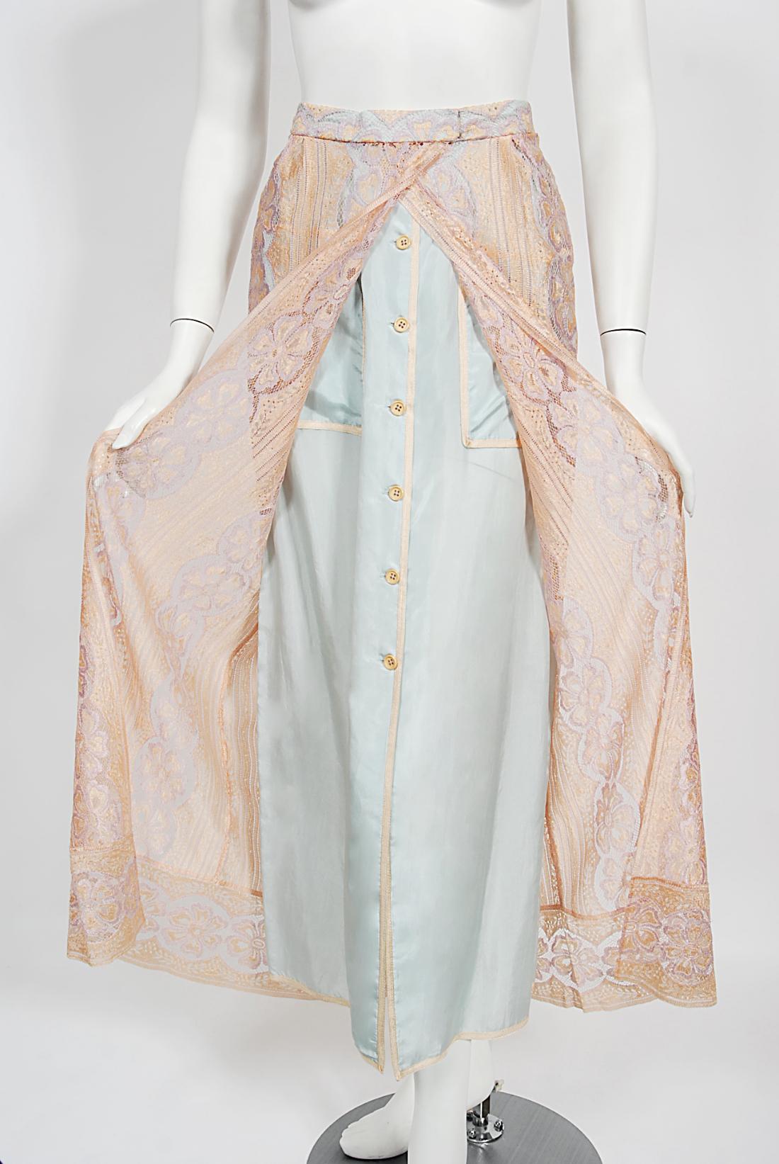 Vintage 1970's Bill Gibb Couture Peach & Lilac Lace Three-Piece Caftan Gown Set  For Sale 5
