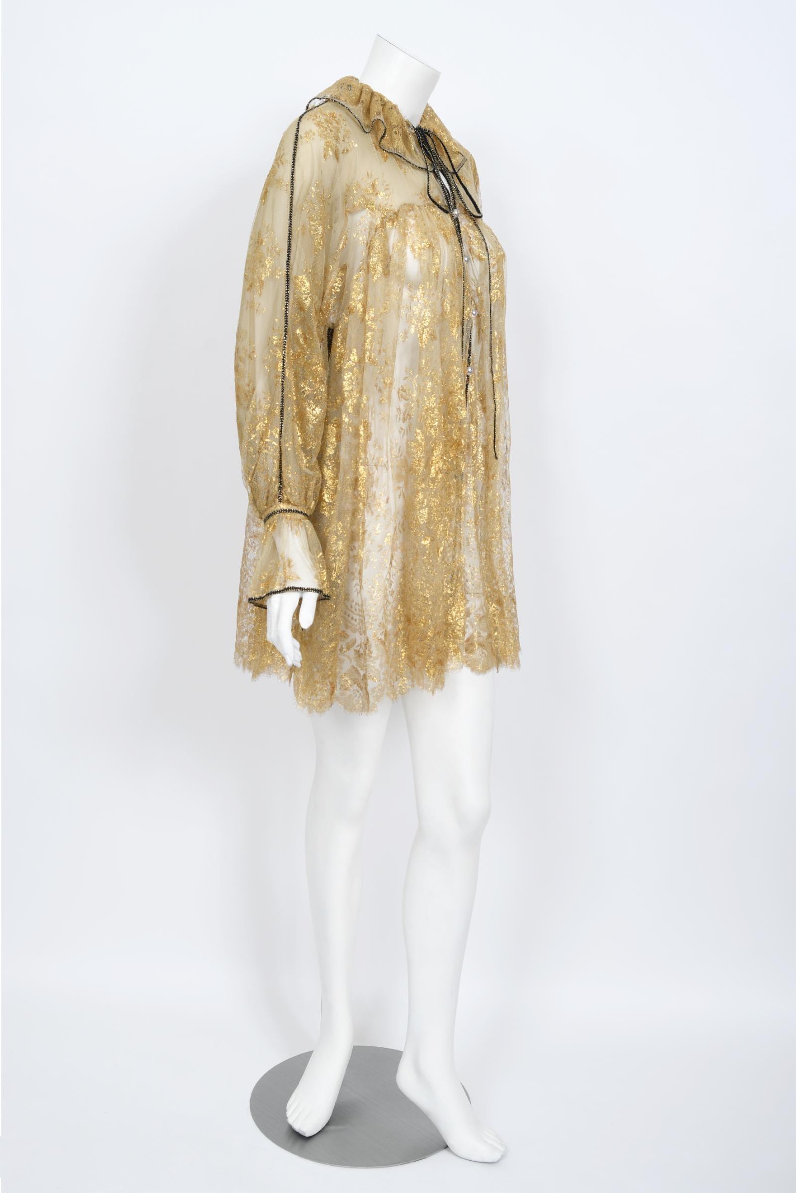 1970s Bill Gibb Couture Museum-Held Metallic Gold Sheer Lace Babydoll Mini Dress For Sale 4