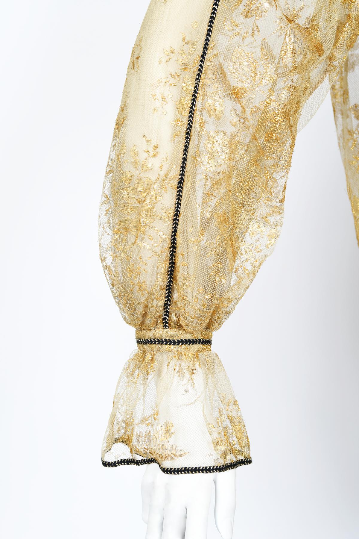 1970s Bill Gibb Couture Museum-Held Metallic Gold Sheer Lace Babydoll Mini Dress For Sale 6