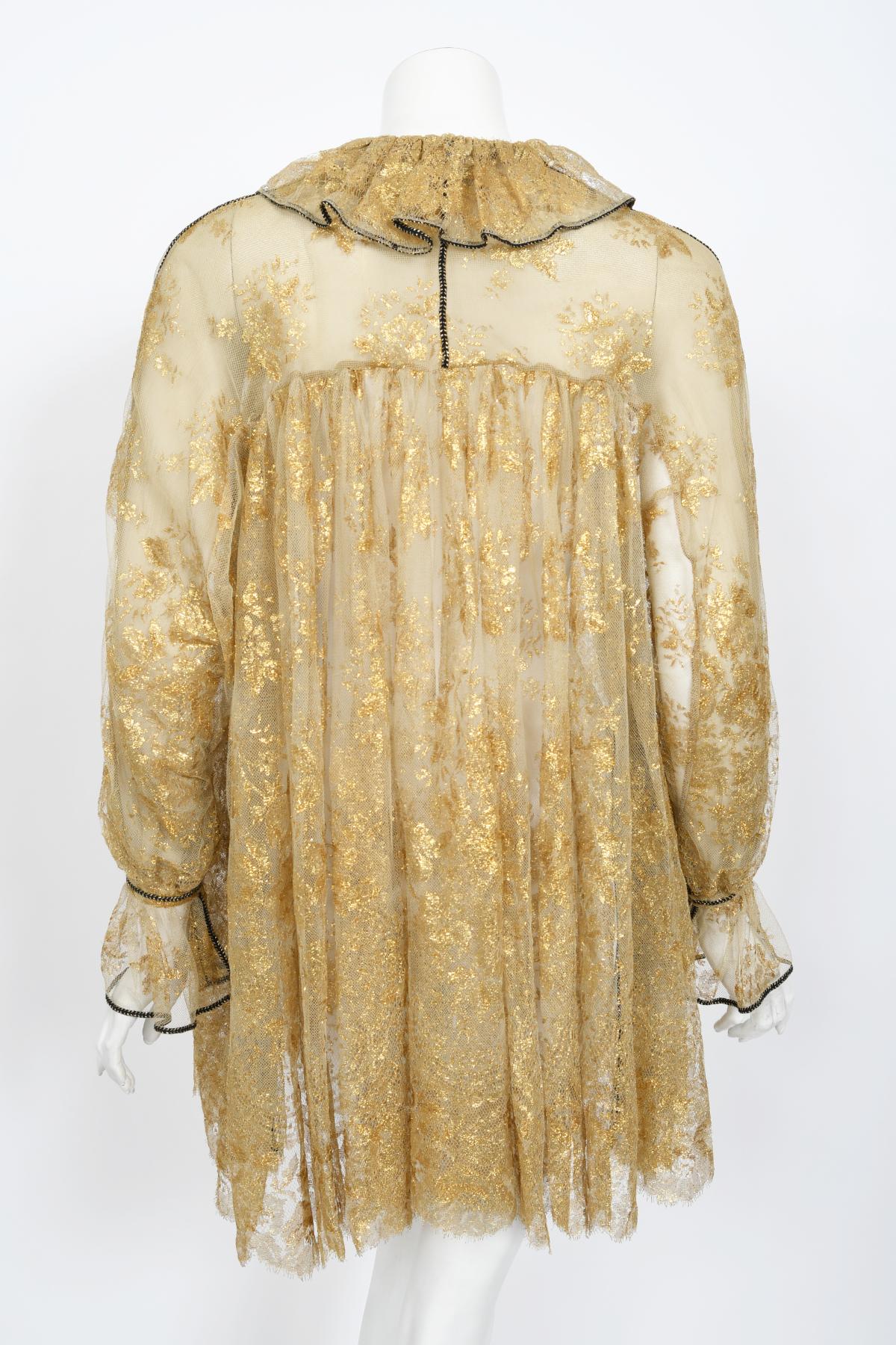1970s Bill Gibb Couture Museum-Held Metallic Gold Sheer Lace Babydoll Mini Dress For Sale 8