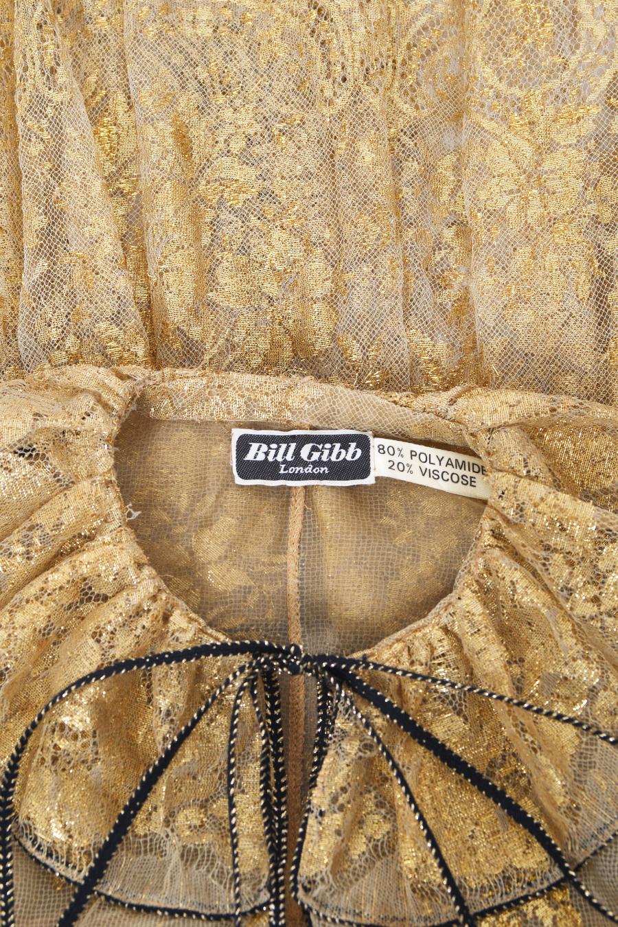 1970s Bill Gibb Couture Museum-Held Metallic Gold Sheer Lace Babydoll Mini Dress For Sale 9