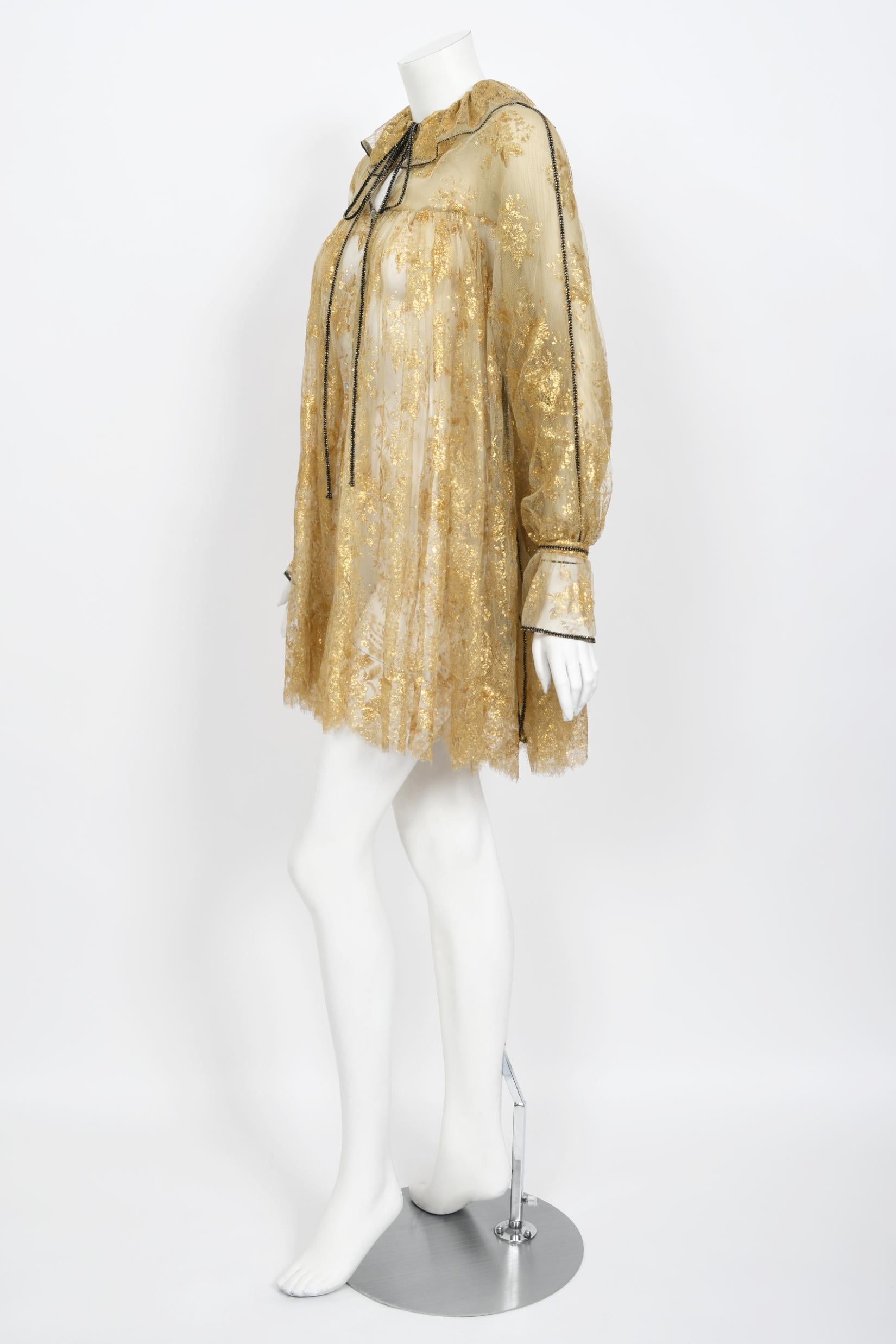 1970s Bill Gibb Couture Museum-Held Metallic Gold Sheer Lace Babydoll Mini Dress In Good Condition For Sale In Beverly Hills, CA
