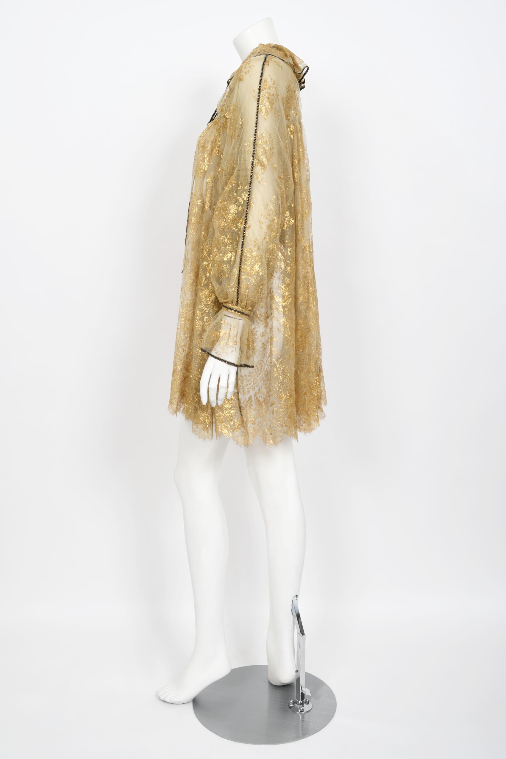 1970s Bill Gibb Couture Museum-Held Metallic Gold Sheer Lace Babydoll Mini Dress For Sale 2