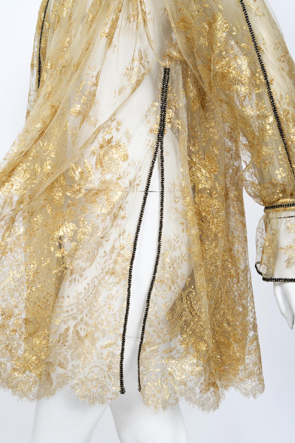 1970s Bill Gibb Couture Museum-Held Metallic Gold Sheer Lace Babydoll Mini Dress For Sale 3