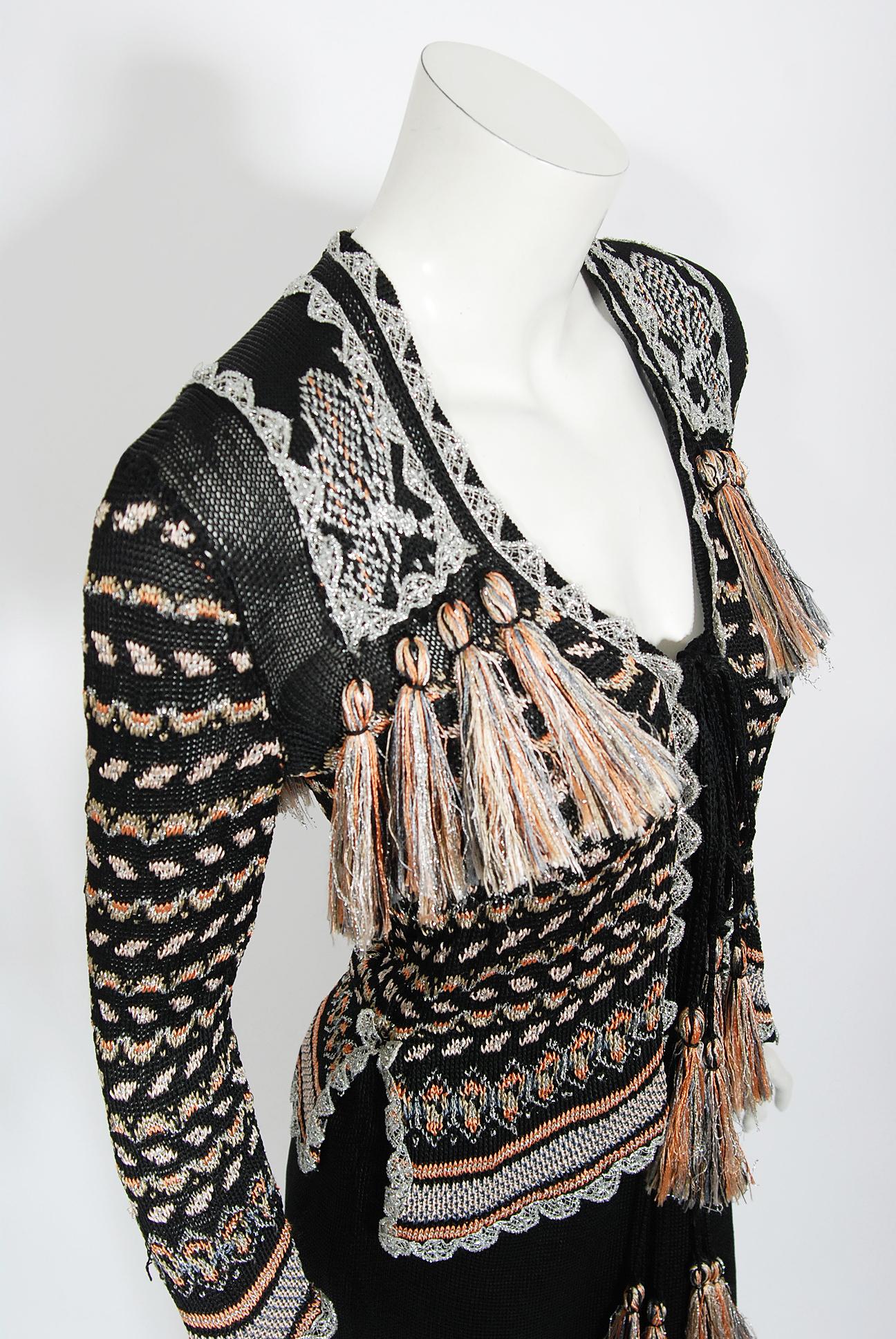 Vintage 1970's Bill Gibb Metallic Knit Insect-Novelty Tassel Sweater Dress Set For Sale 3