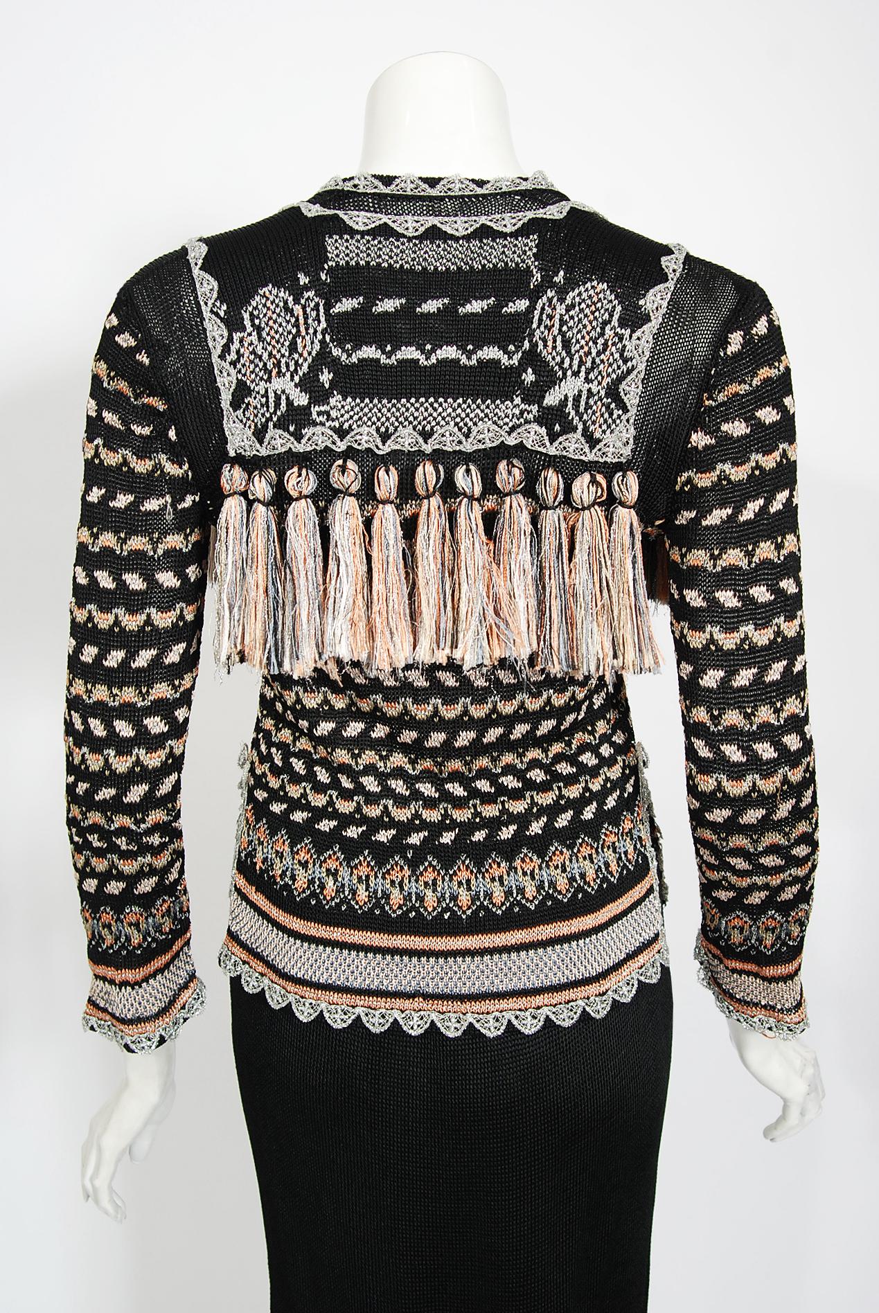 Vintage 1970's Bill Gibb Metallic Knit Insect-Novelty Tassel Sweater Dress Set For Sale 6