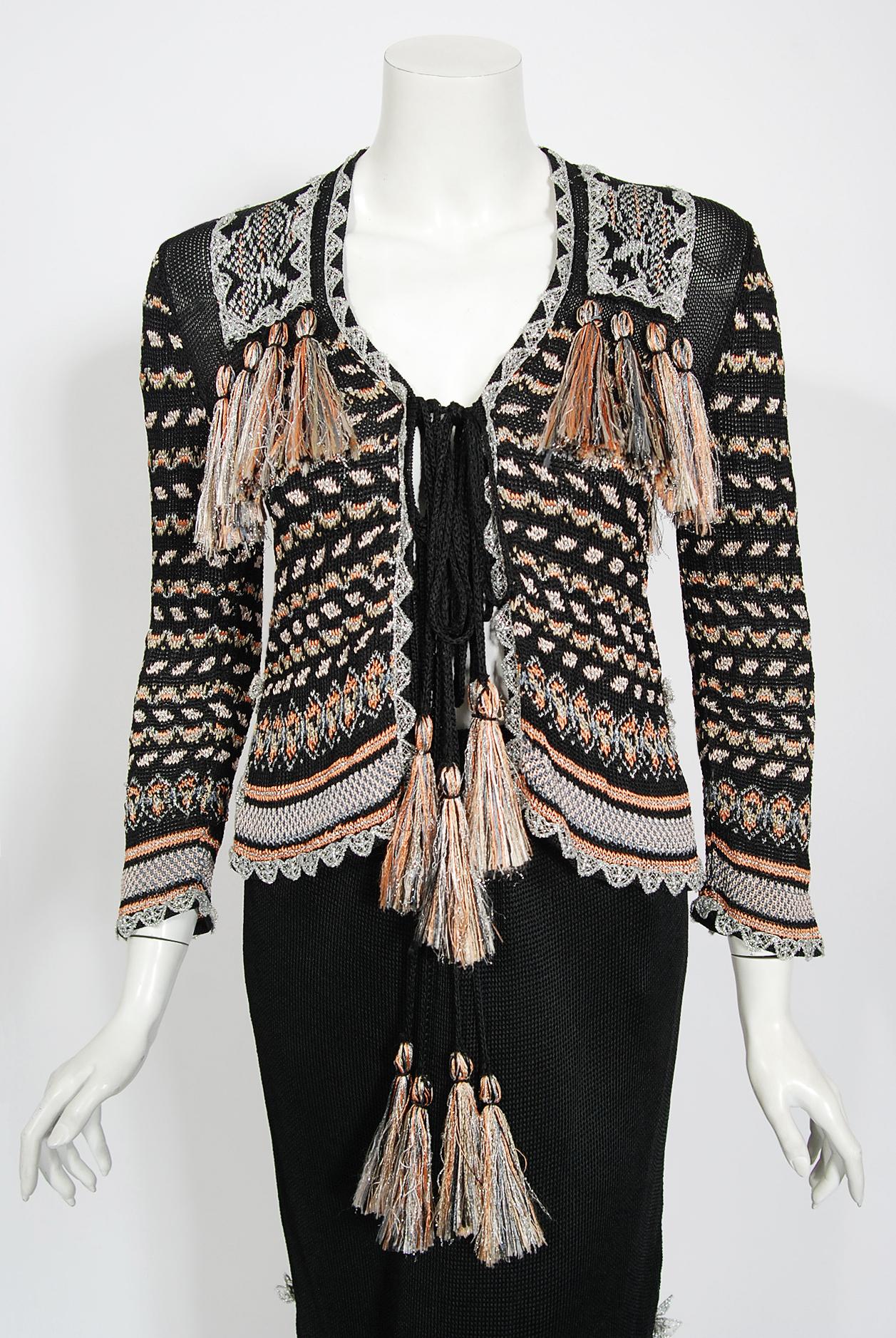 Bill Gibb Metallic Knit Insect-Novelty Tassel Pullover Kleid Set, 1970er Jahre (Schwarz) im Angebot