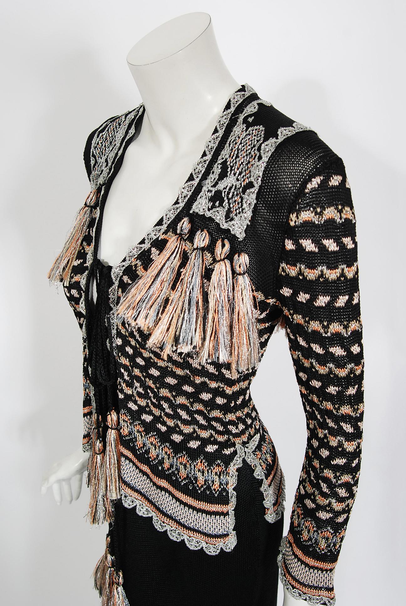 Black Vintage 1970's Bill Gibb Metallic Knit Insect-Novelty Tassel Sweater Dress Set For Sale