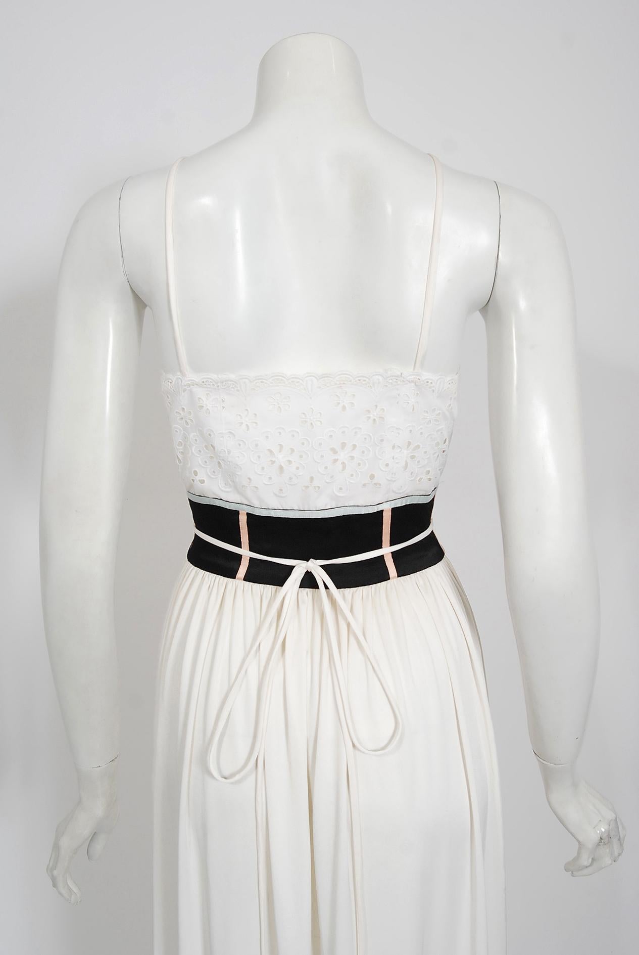 Vintage 1977 Bill Gibb White Eyelet Cotton & Jersey Low Plunge Maxi Wrap Dress For Sale 5