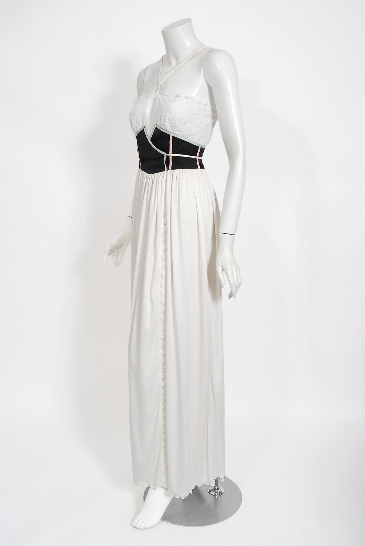 Women's Vintage 1977 Bill Gibb White Eyelet Cotton & Jersey Low Plunge Maxi Wrap Dress For Sale