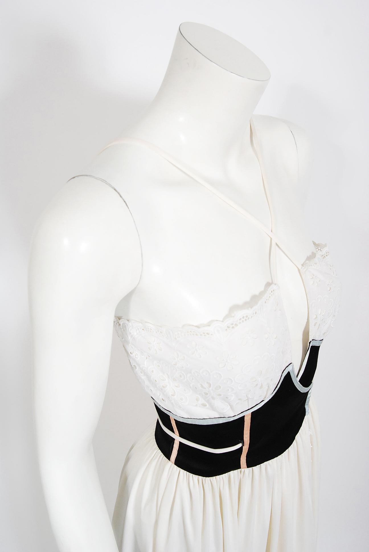 Vintage 1977 Bill Gibb White Eyelet Cotton & Jersey Low Plunge Maxi Wrap Dress For Sale 3