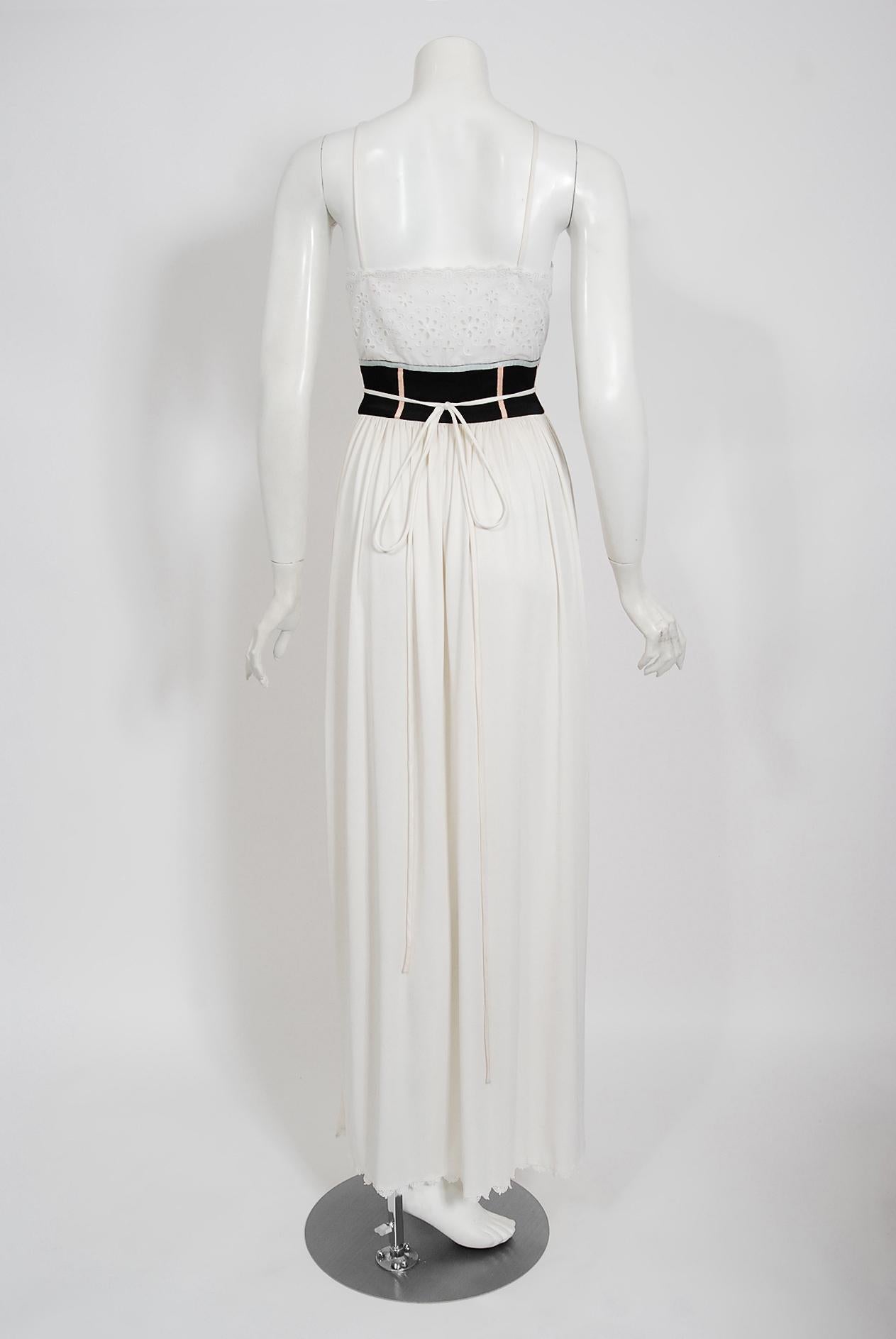 Vintage 1977 Bill Gibb White Eyelet Cotton & Jersey Low Plunge Maxi Wrap Dress For Sale 4