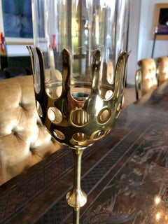 Vintage 1970s Bjorn Wiinblad Brass and Glass Pair of 'Hurricane' Candleholders