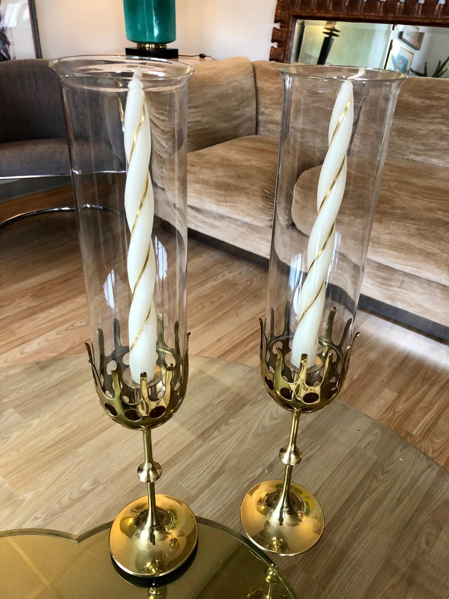20th Century Vintage 1970s Bjorn Wiinblad Brass and Glass Pair of 'Hurricane' Candleholders