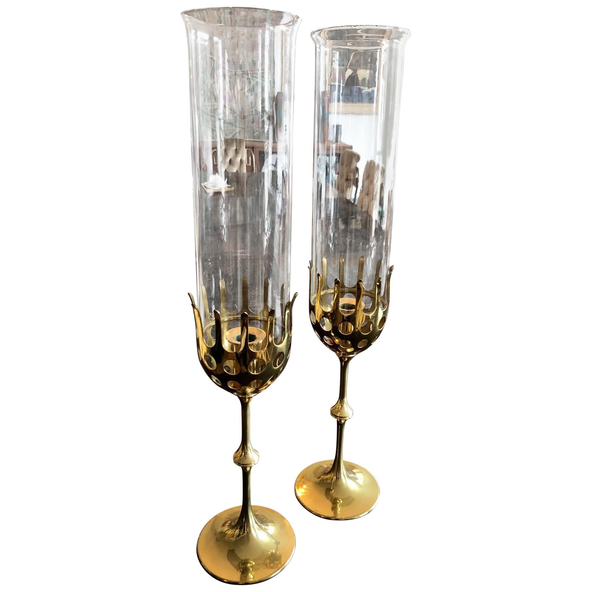 Vintage 1970s Bjorn Wiinblad Brass and Glass Pair of 'Hurricane' Candleholders