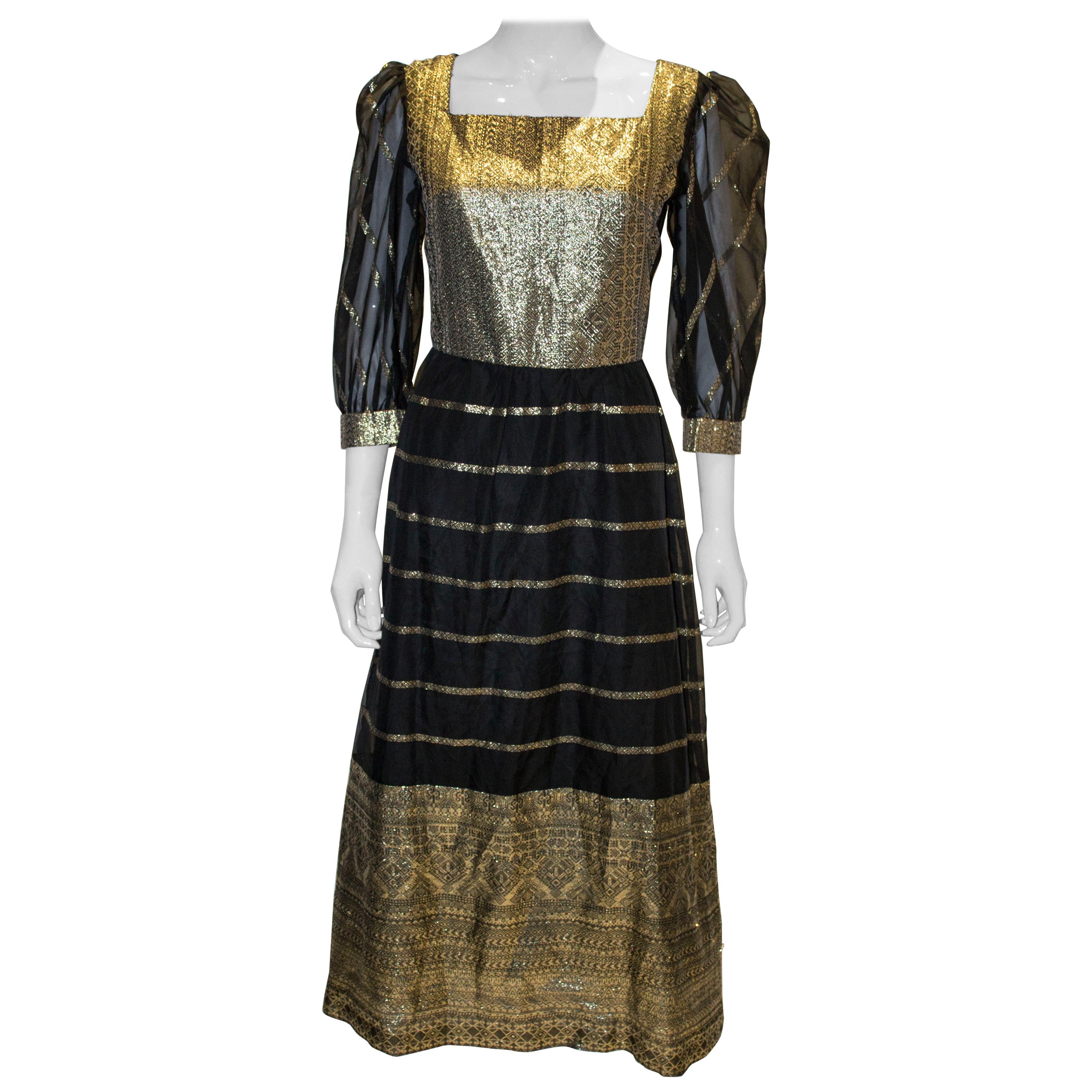 Vintage 1970s Black and Gold Party Dress For Sale