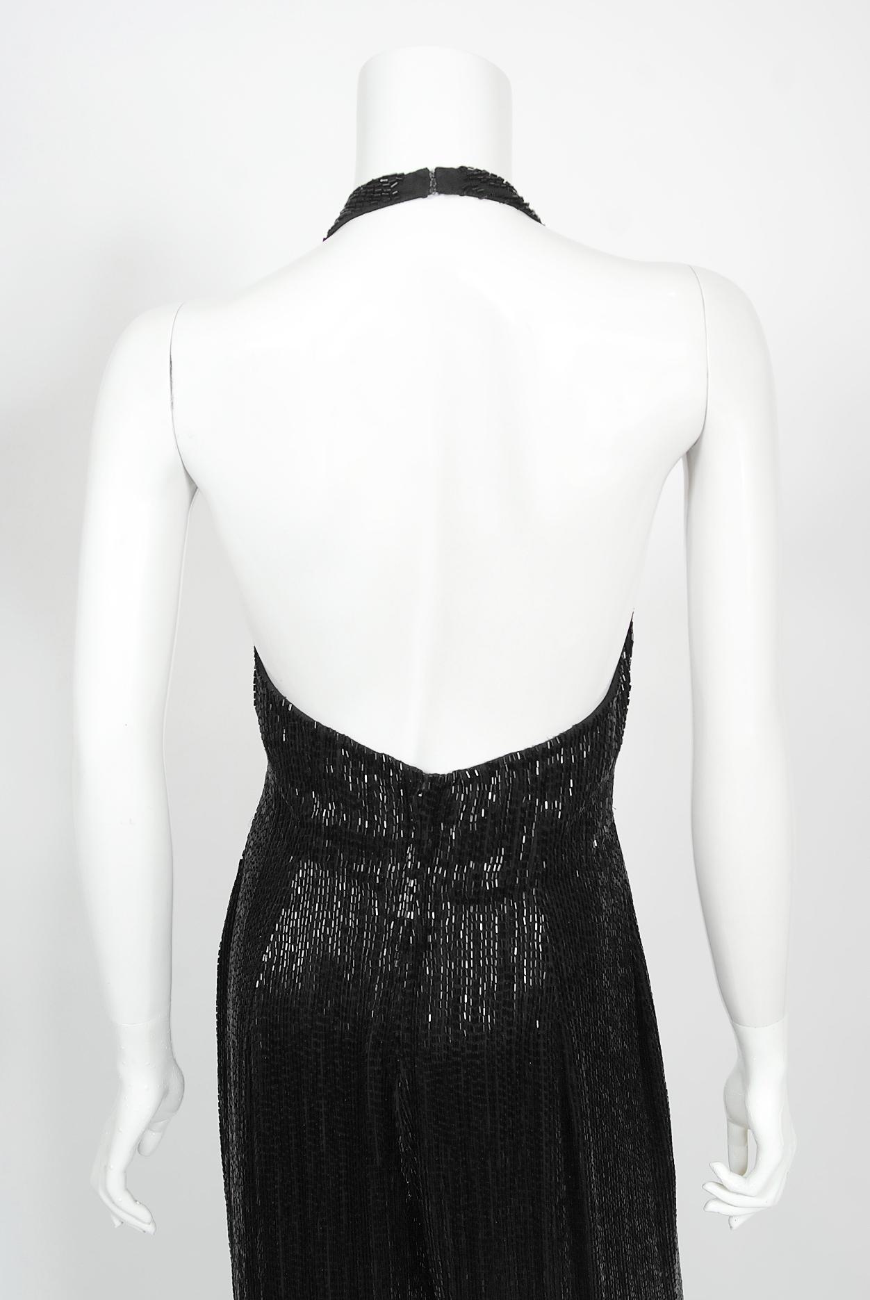 Vintage 1970s Black Fully-Beaded Silk Satin Halter Custom Couture Disco Jumpsuit en vente 6