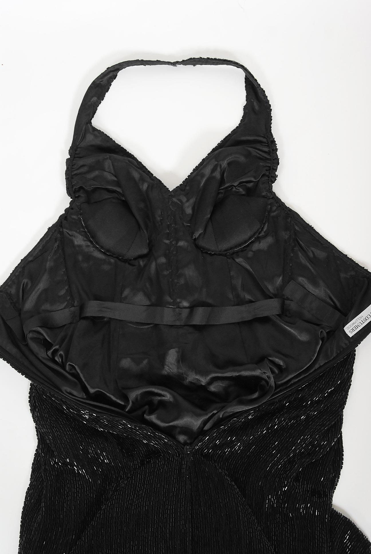Vintage 1970s Black Fully-Beaded Silk Satin Halter Custom Couture Disco Jumpsuit For Sale 4