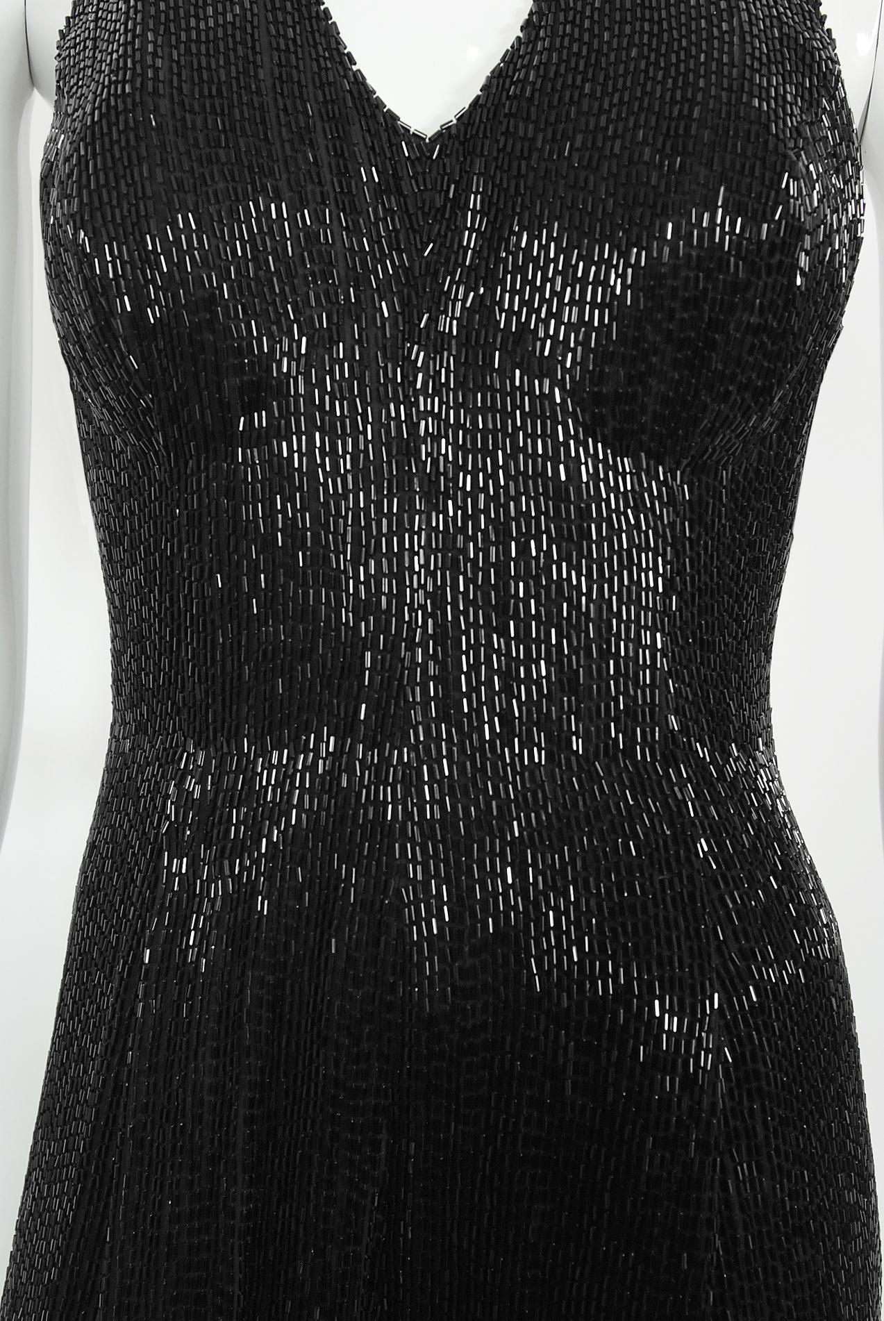 Vintage 1970s Black Fully-Beaded Silk Satin Halter Custom Couture Disco Jumpsuit Bon état - En vente à Beverly Hills, CA