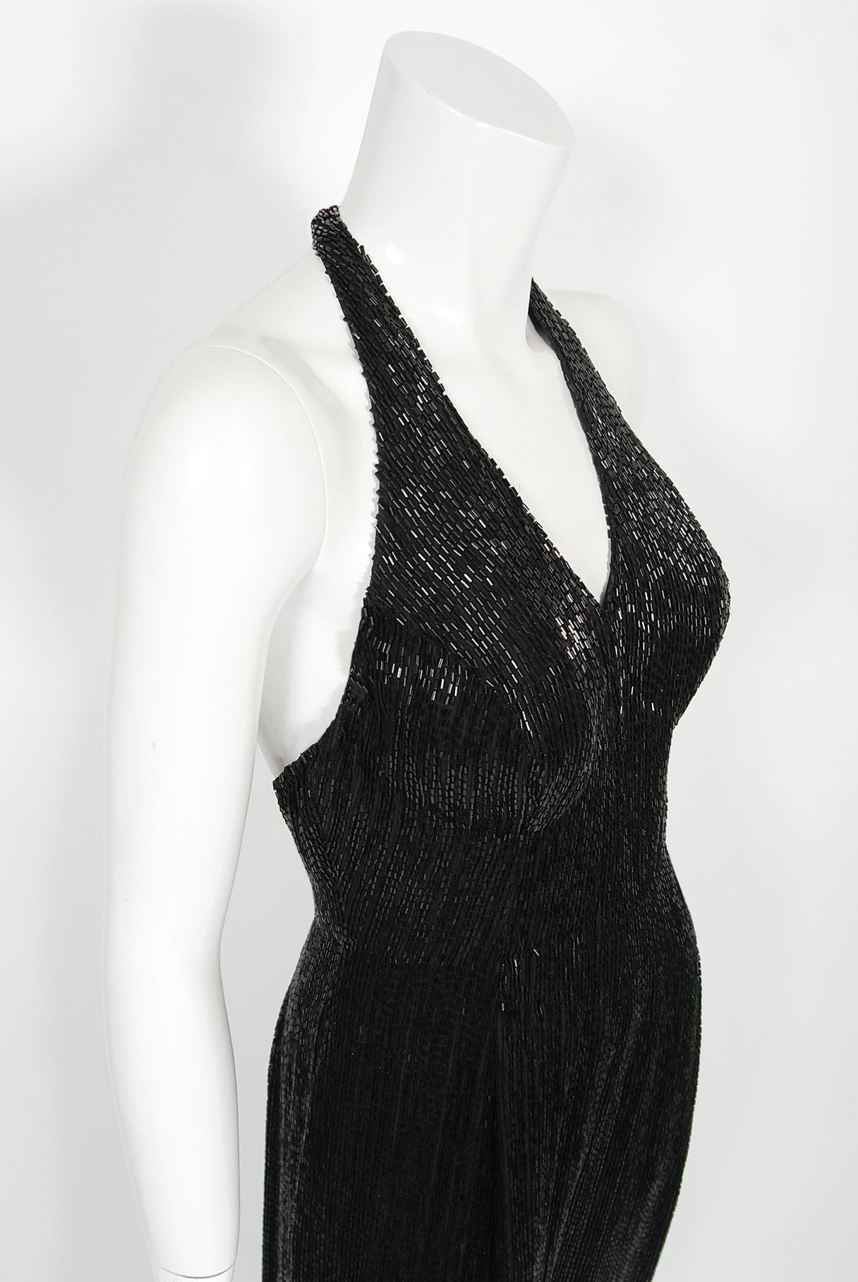 Vintage 1970s Black Fully-Beaded Silk Satin Halter Custom Couture Disco Jumpsuit en vente 1
