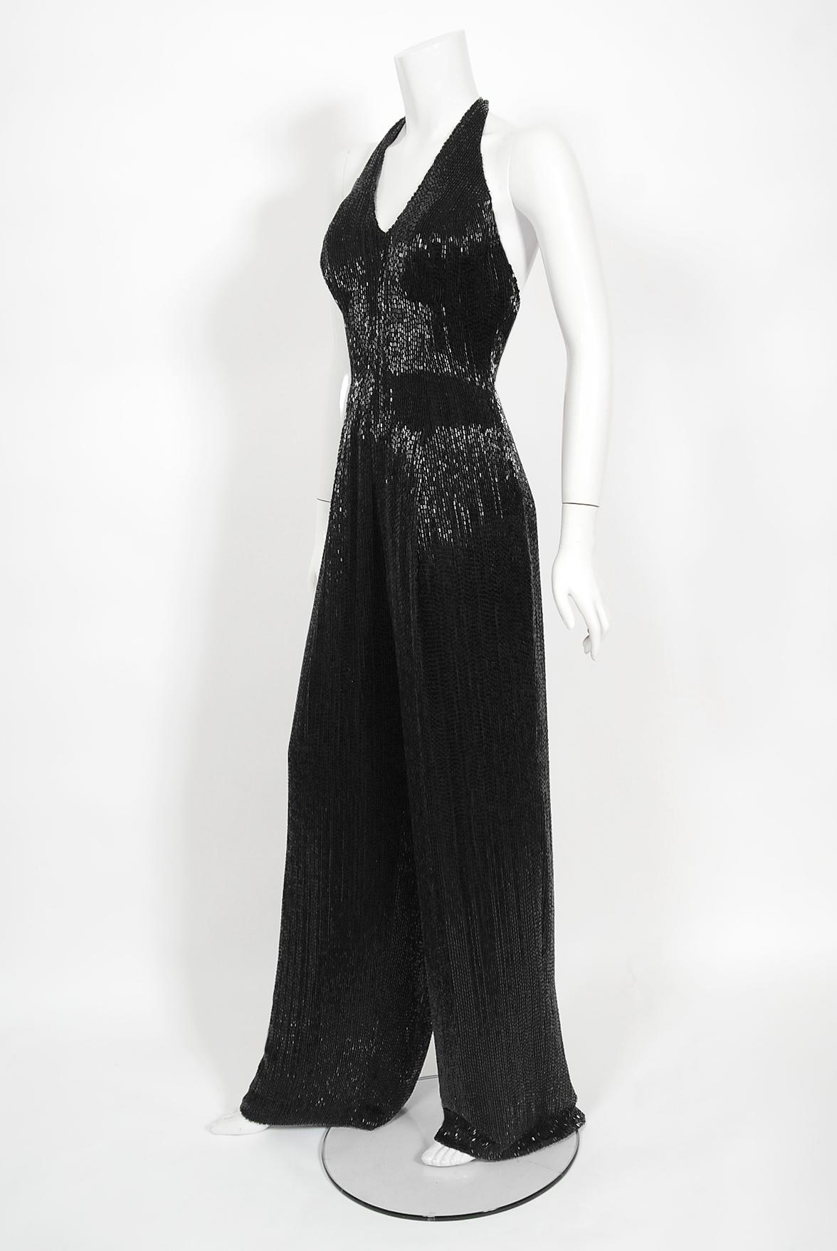 Vintage 1970s Black Fully-Beaded Silk Satin Halter Custom Couture Disco Jumpsuit In Good Condition For Sale In Beverly Hills, CA